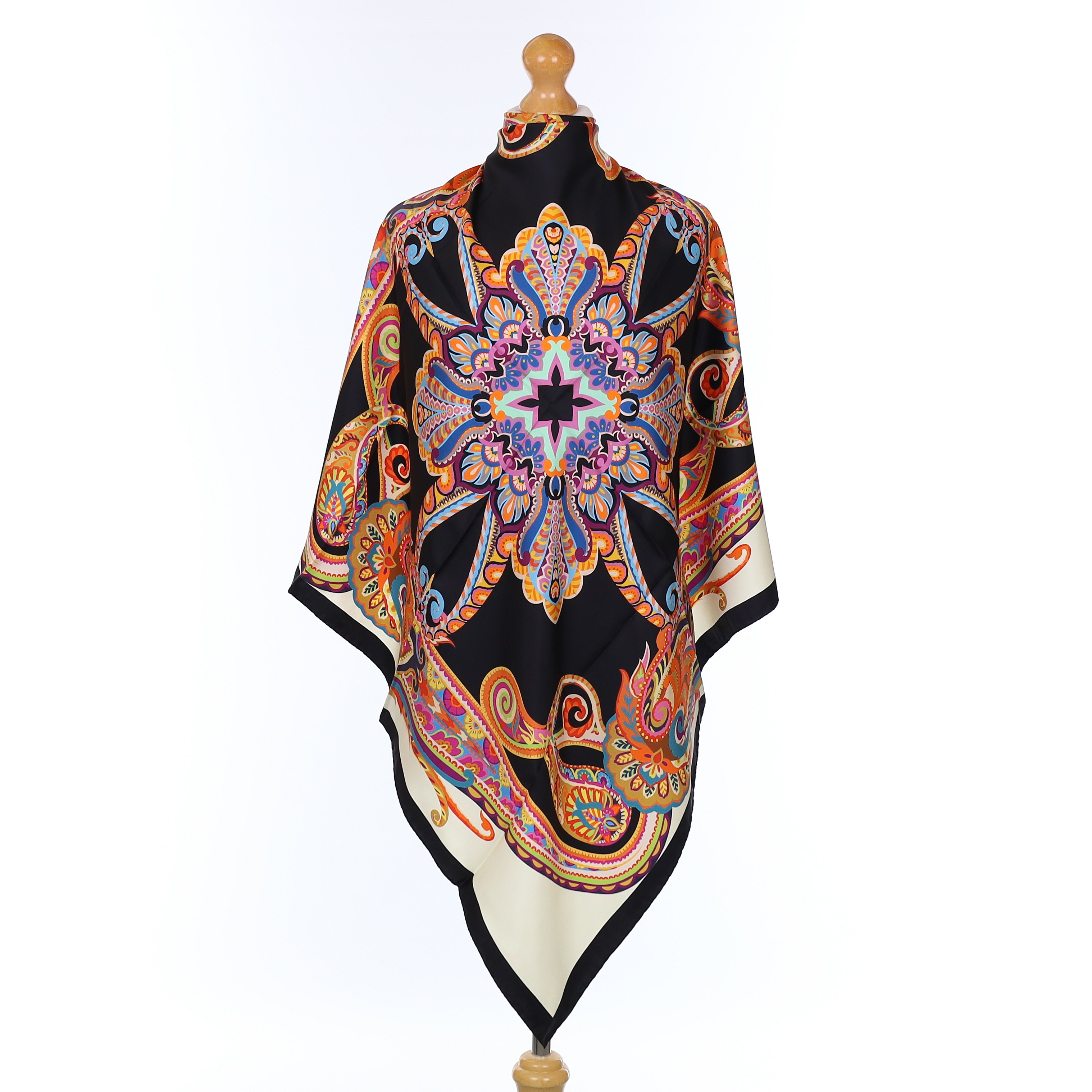 Brand New Italian Black Multicolour Paisley Silk Scarf