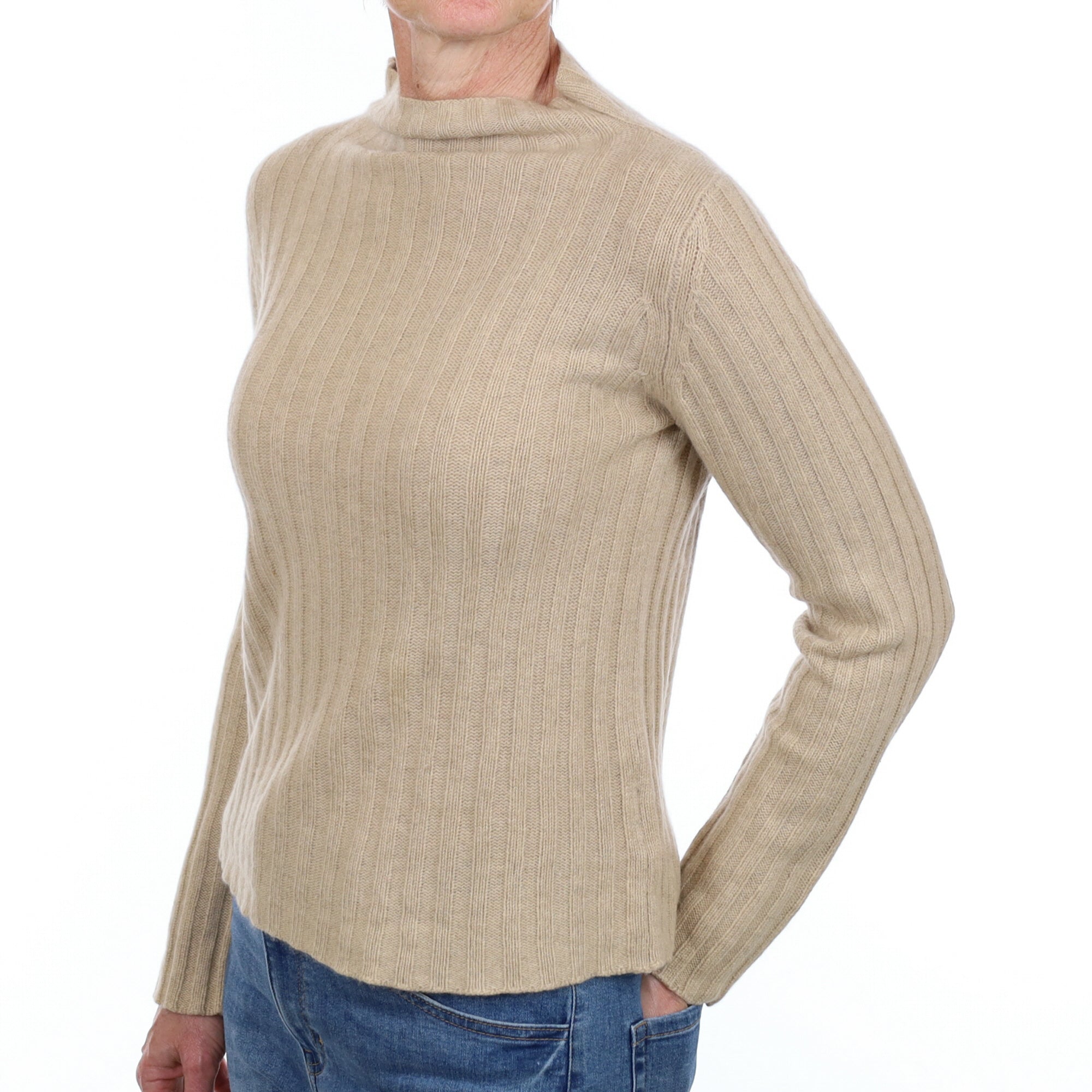 Fawn Beige Rib Cashmere Funnel Neck Jumper Small
