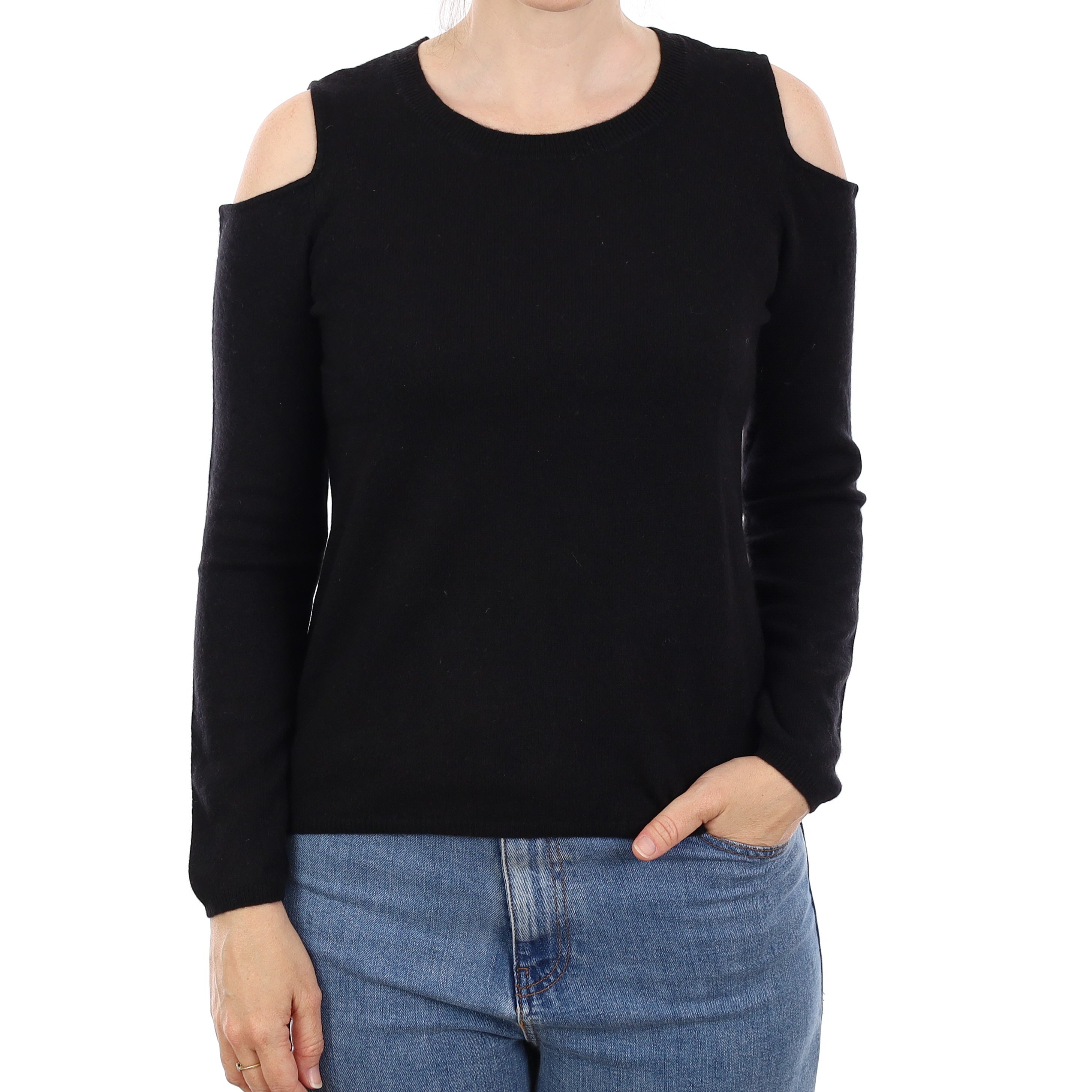 Black Cold Shoulder Cashmere Crew Neck Jumper Small