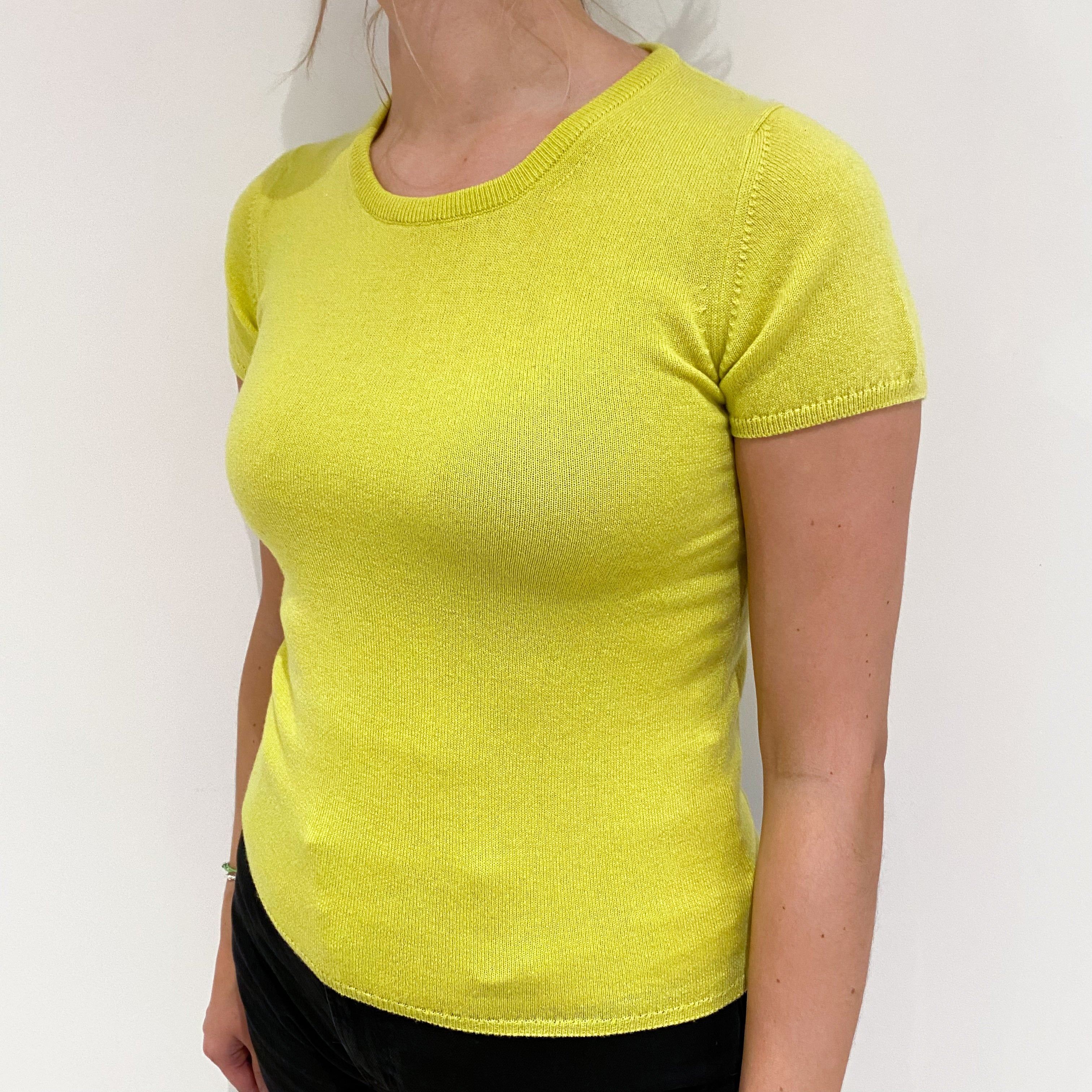 Brand New Scottish Neon Yellow Short Sleeved Cashmere Crew Neck Jumper Small