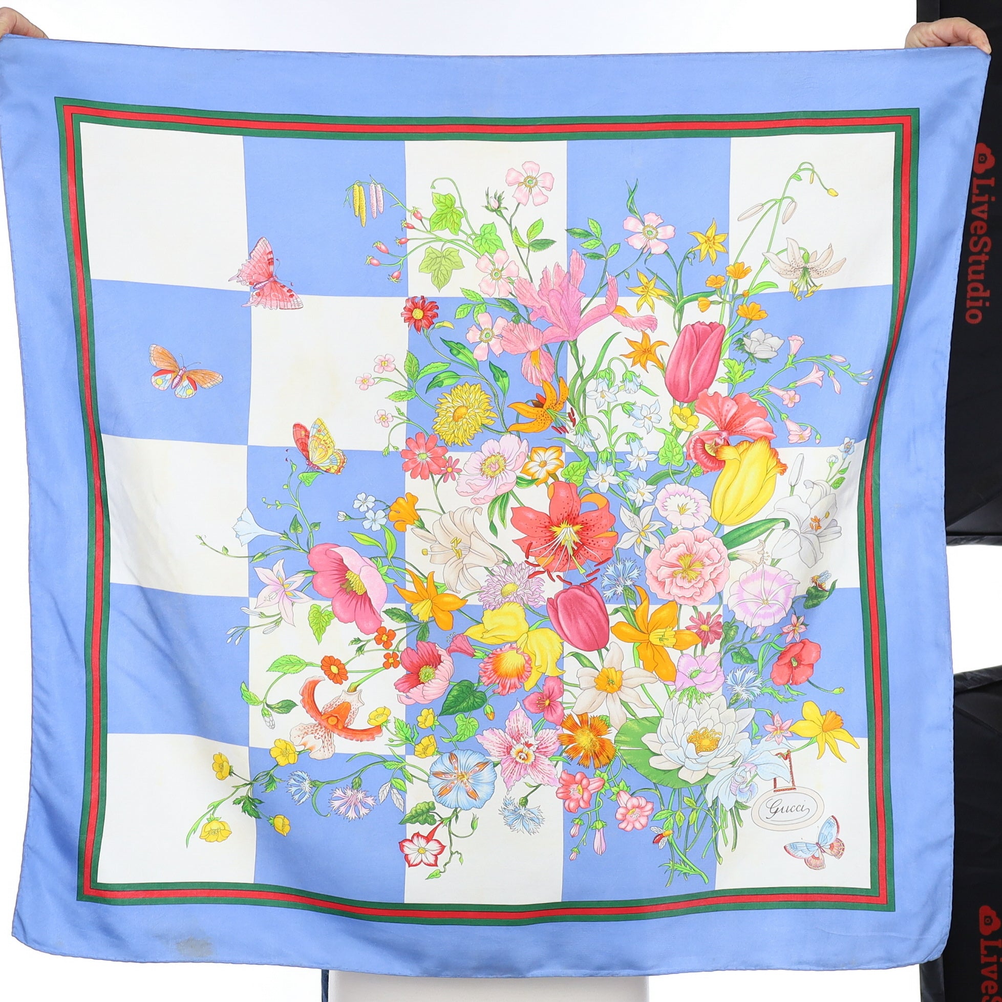 Gucci Vintage Blue, White and Floral Silk Scarf