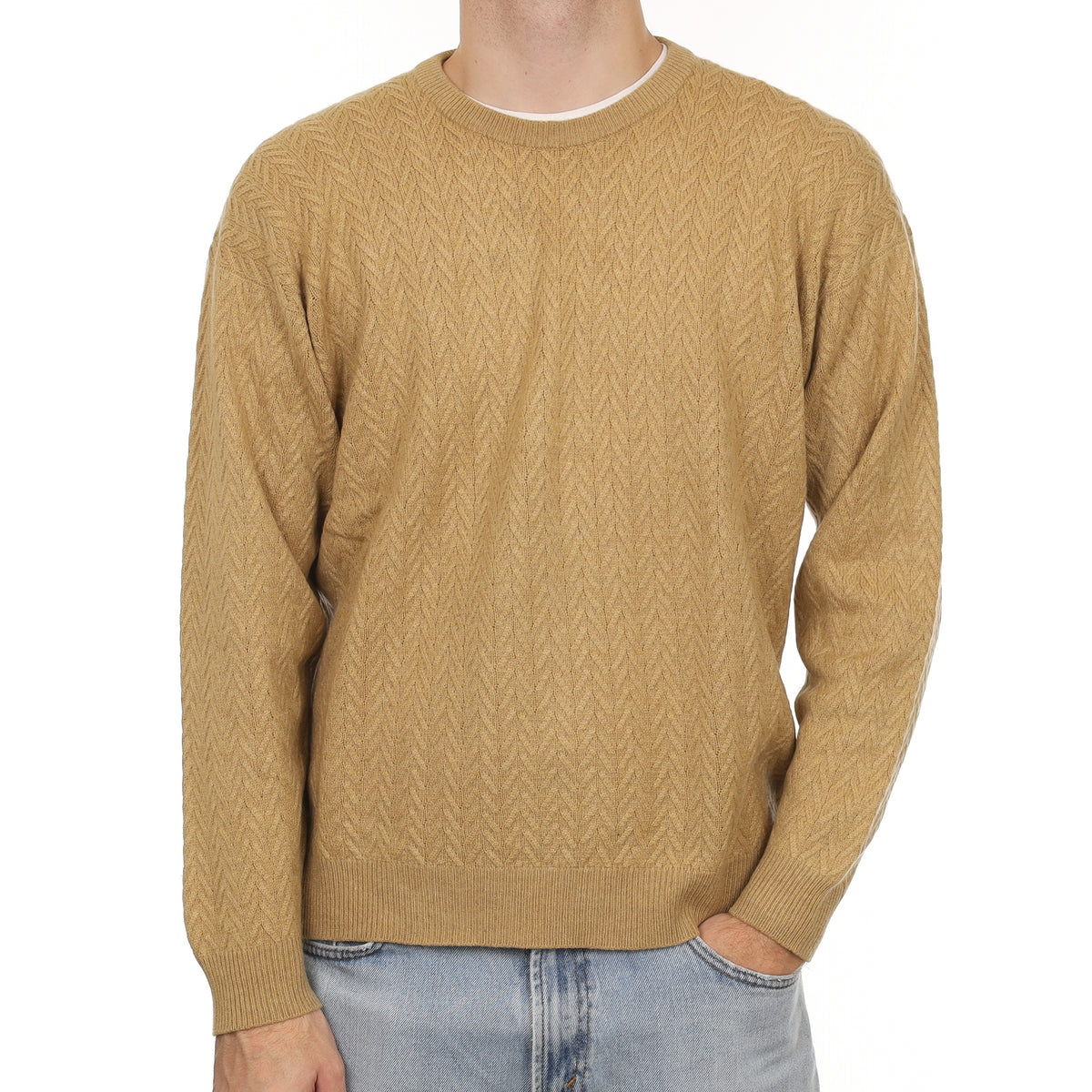 Men's Scottish Caramel Fancy Knit Cashmere Crew Neck Jumper Large