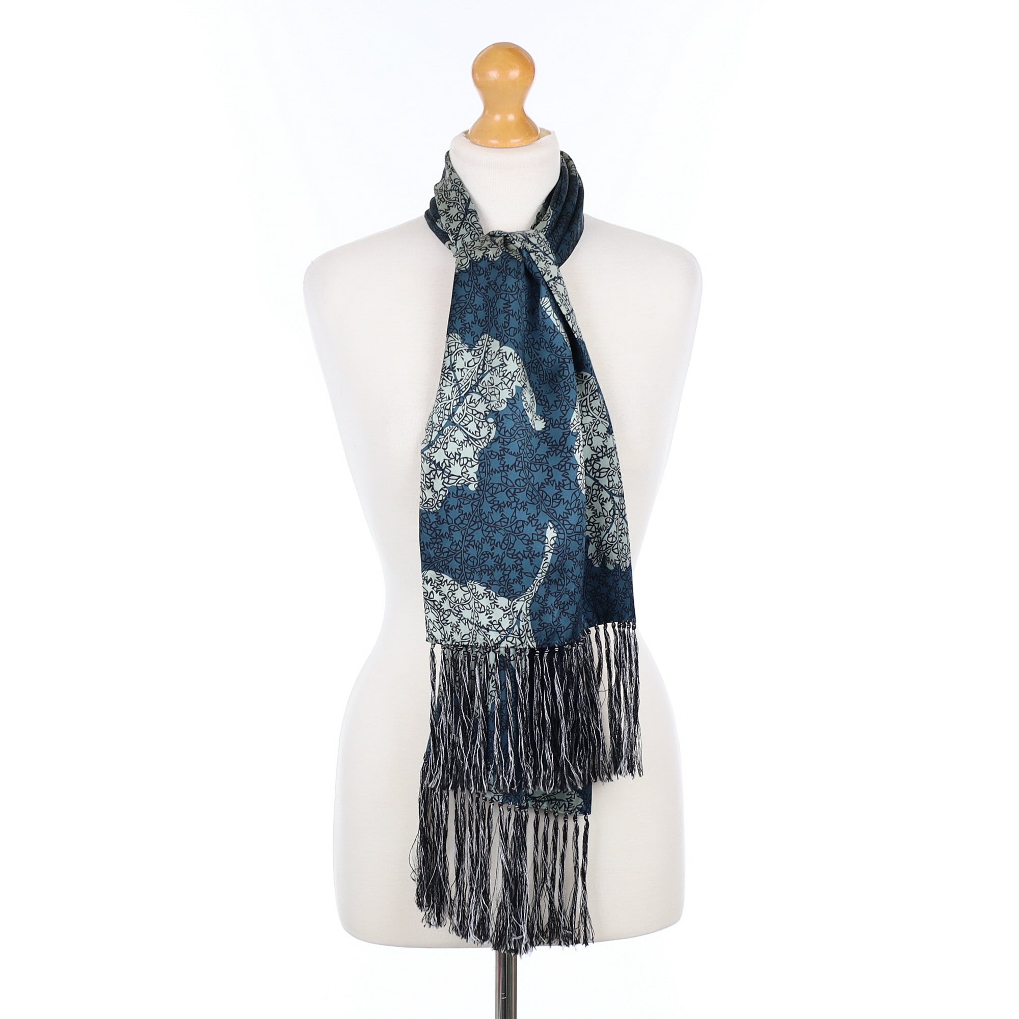Two Tone Leaf Design Tassled Silk Scarf