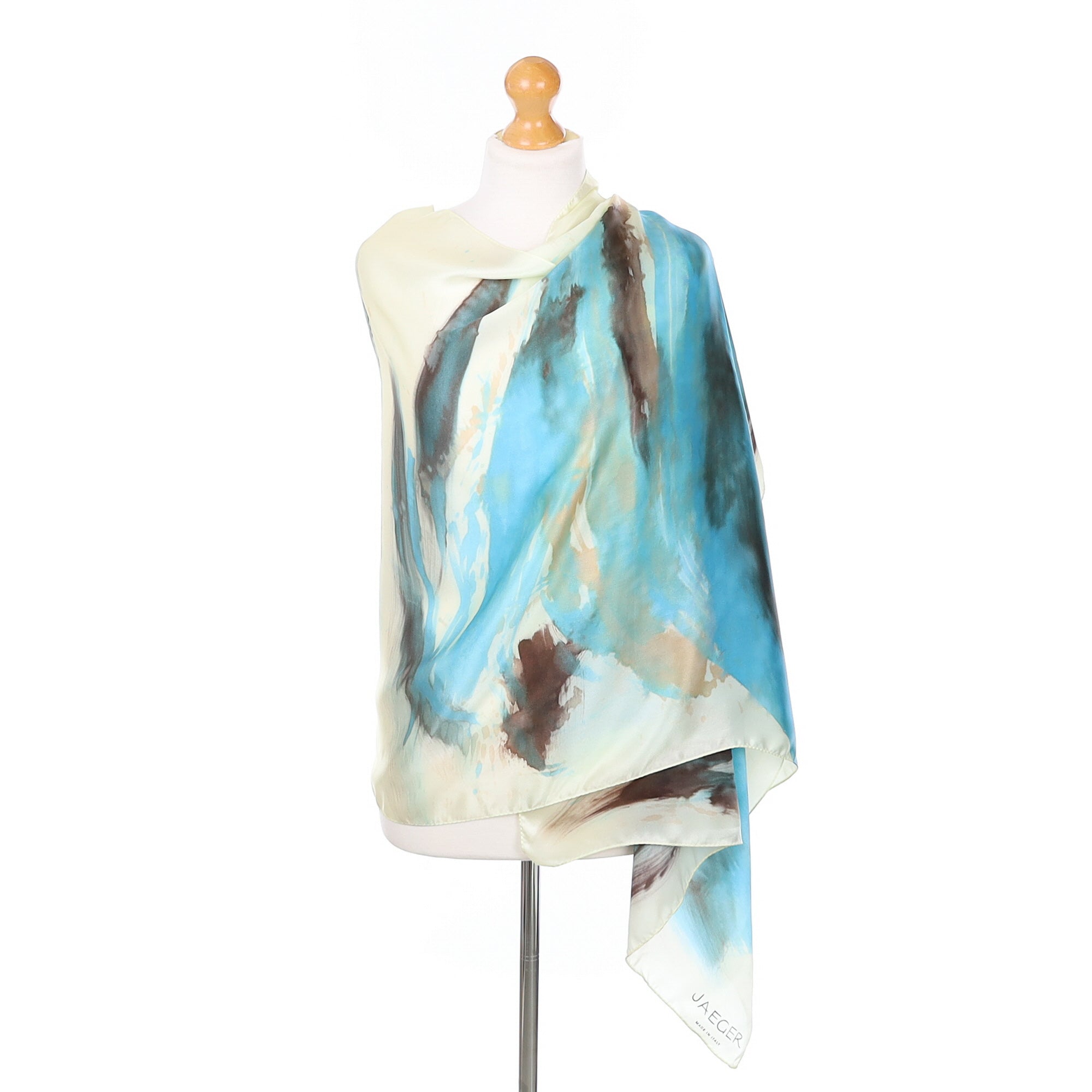 Unworn Jaeger Cream, Blue and Brown Abstract Silk Scarf