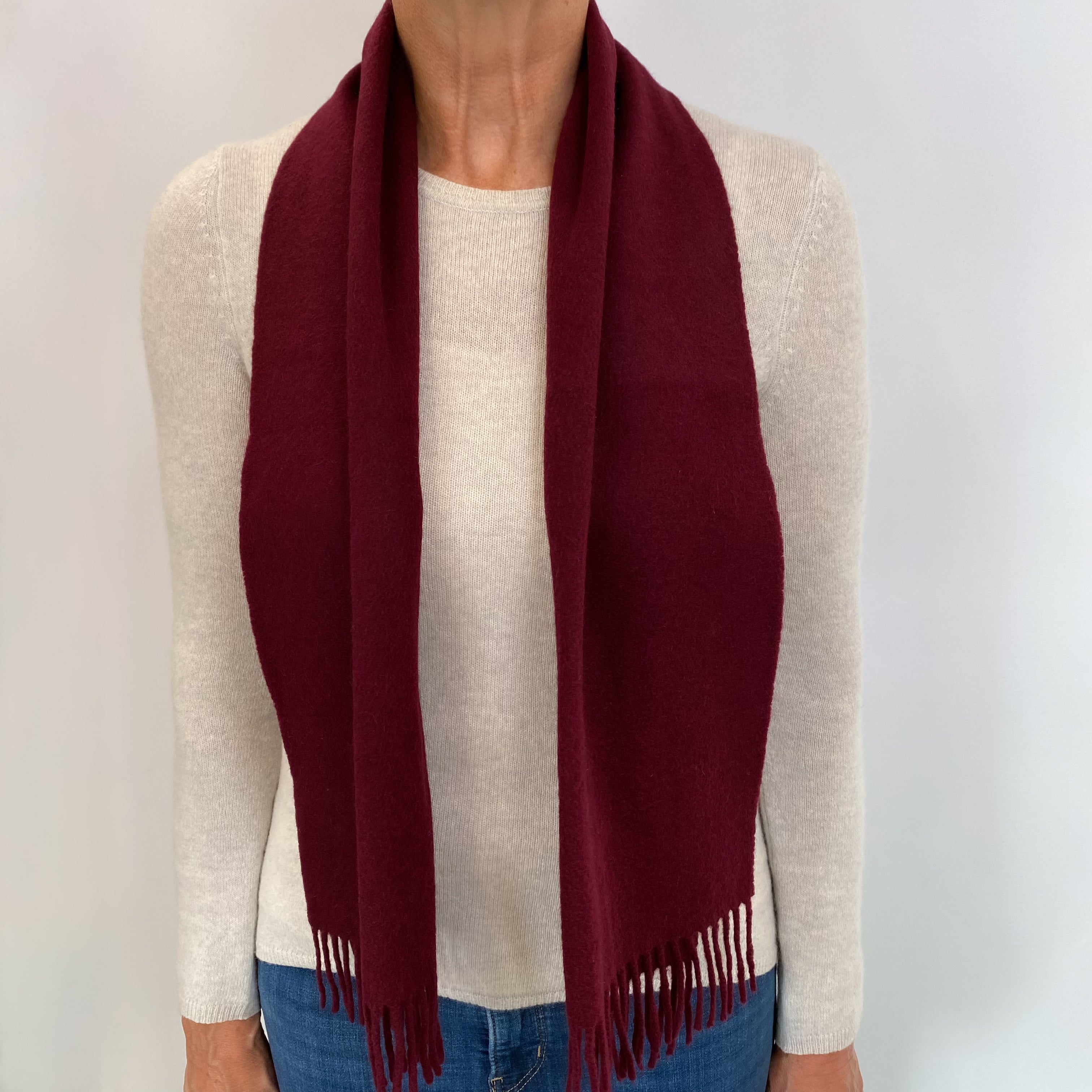 Burgundy Red Fringed Cashmere Woven Scarf