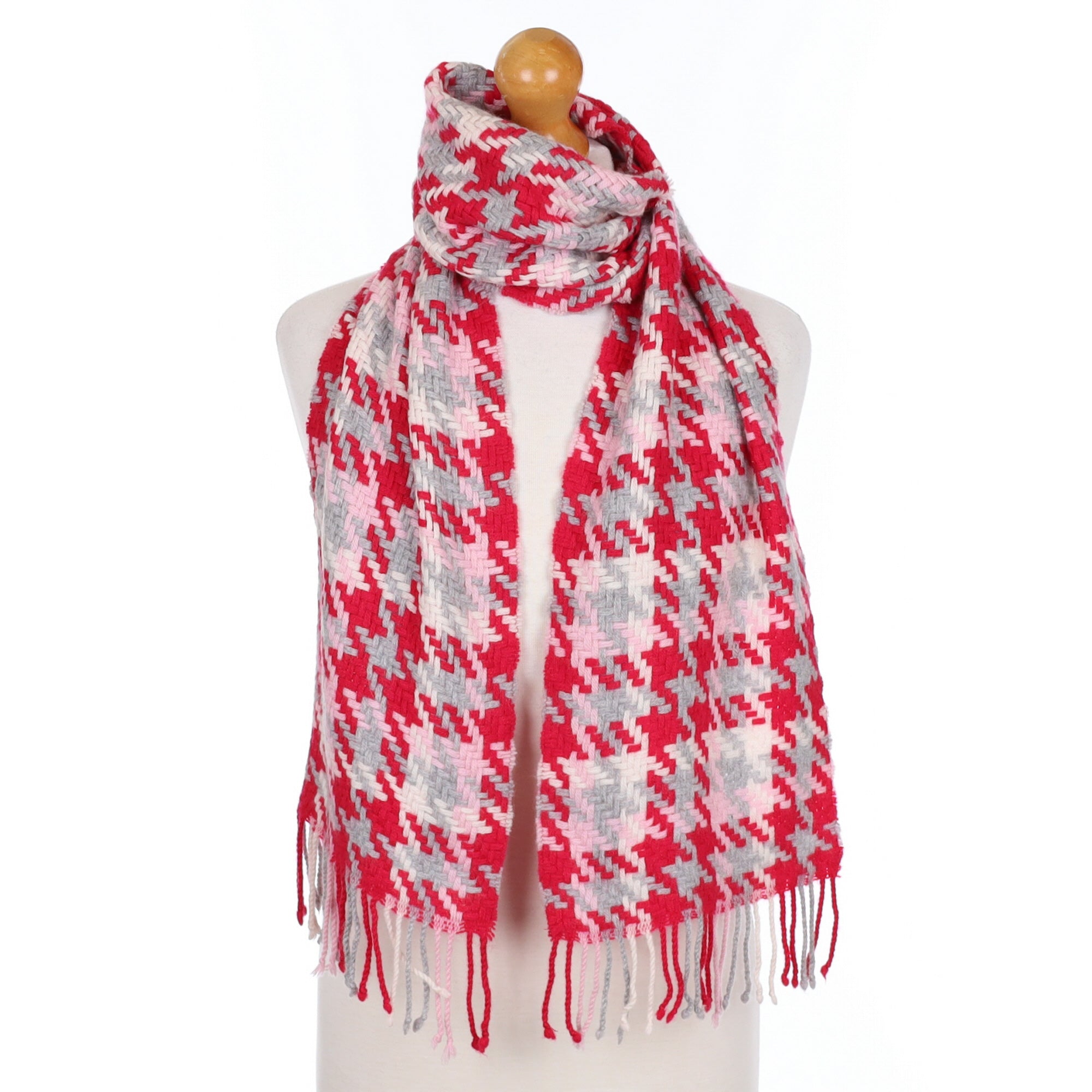 Cherry Pink and Grey Cashmere Tasseled Basket Weave Scarf