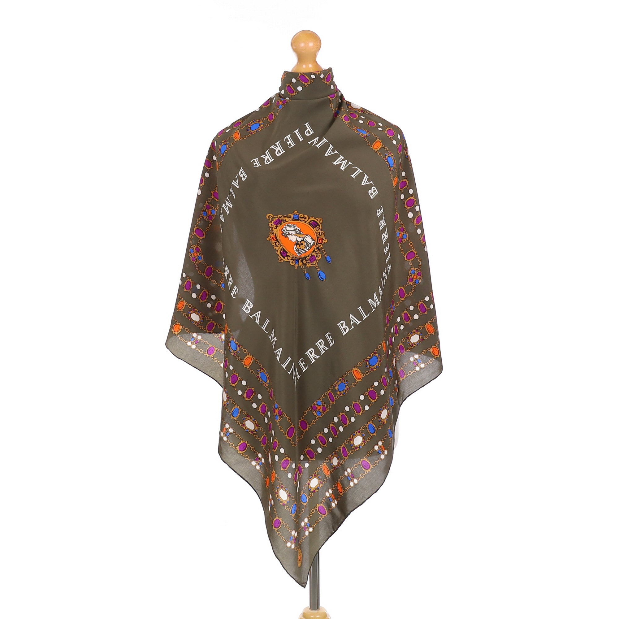 Pierre Balmain Khaki Jewelled Vintage Silk Scarf
