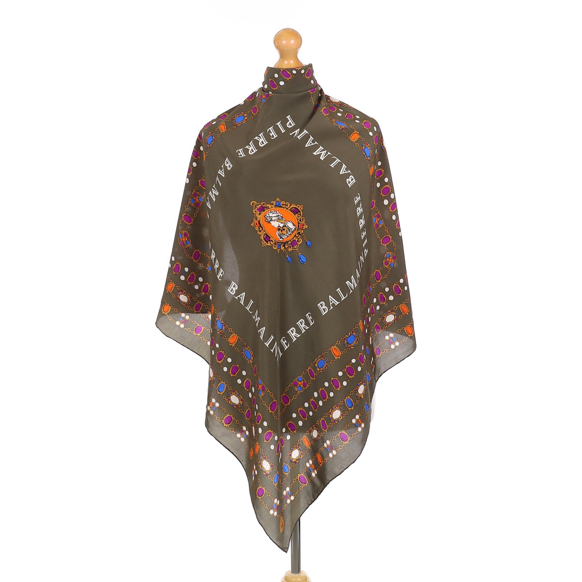 Pierre Balmain Khaki Jewelled Vintage Silk Scarf