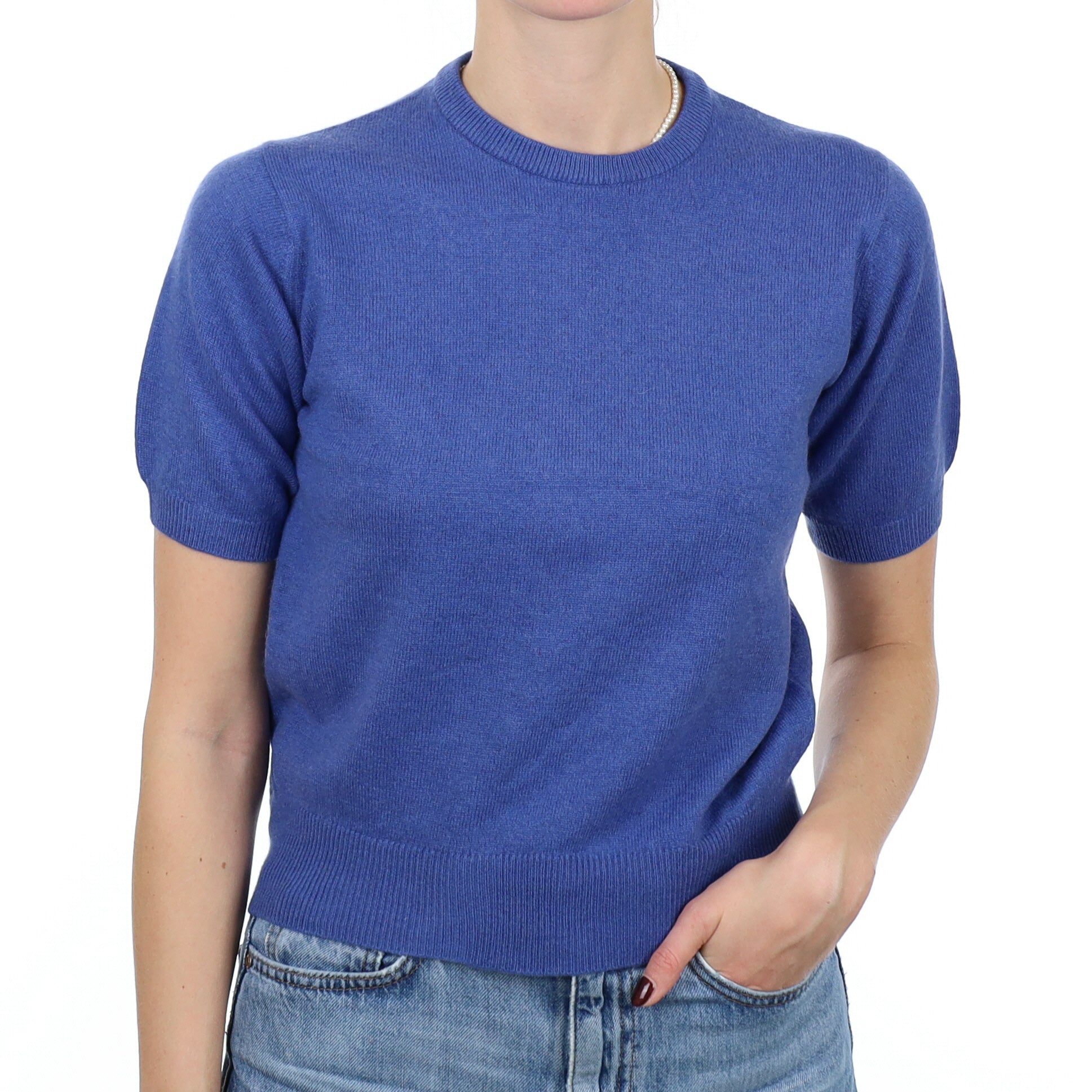 Tanzanite Blue Cashmere Short Sleeve Crew Neck Jumper Small