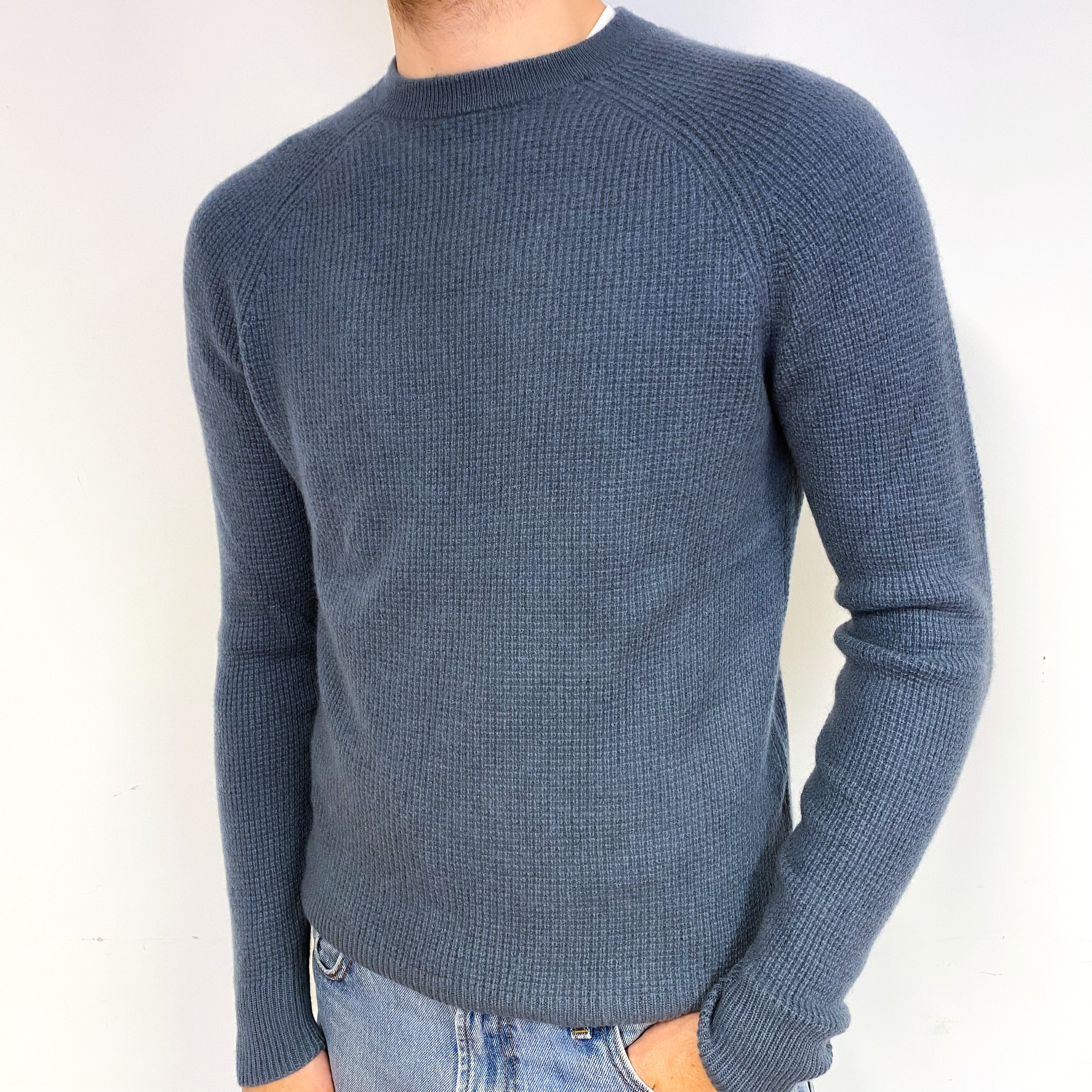 Men's Grey Blue Waffle Cashmere Crew Neck Jumper Medium
