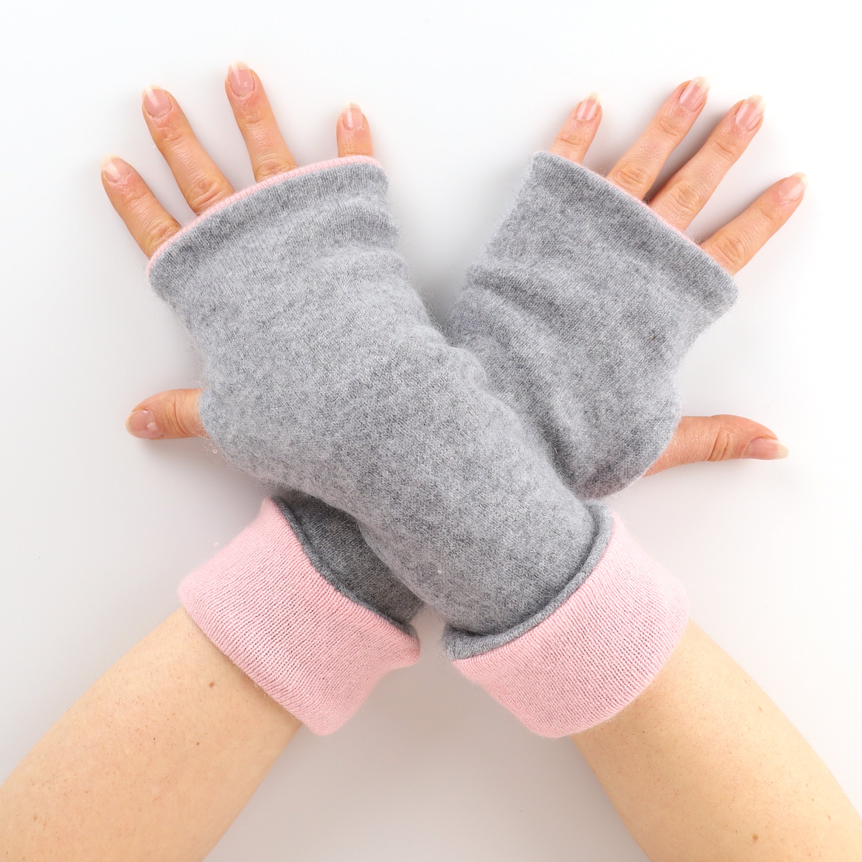 Smoke Grey and Pale Pink Reversible Fingerless Gloves