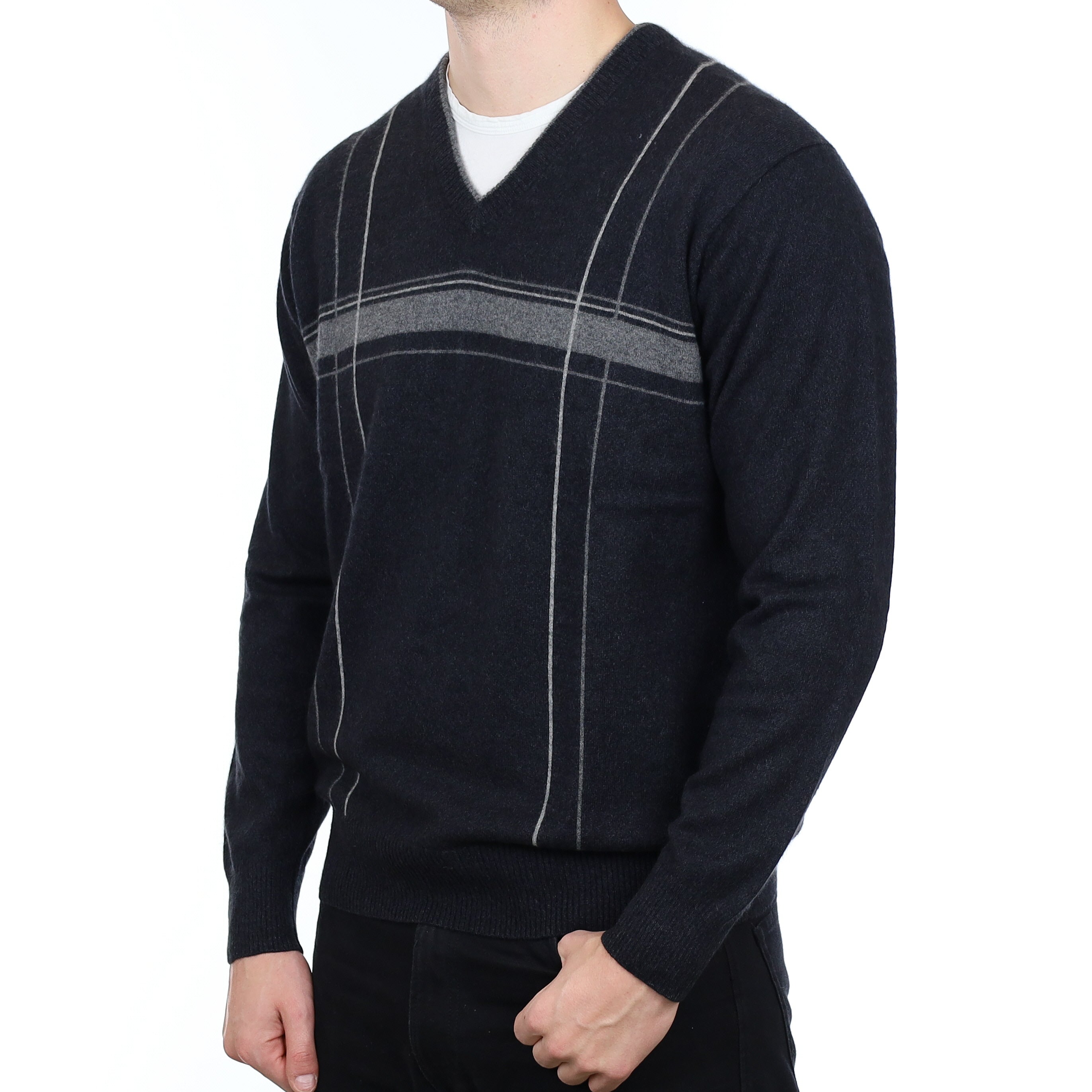 Men’s Charcoal Grey Patterned Cashmere V Neck Jumper XL