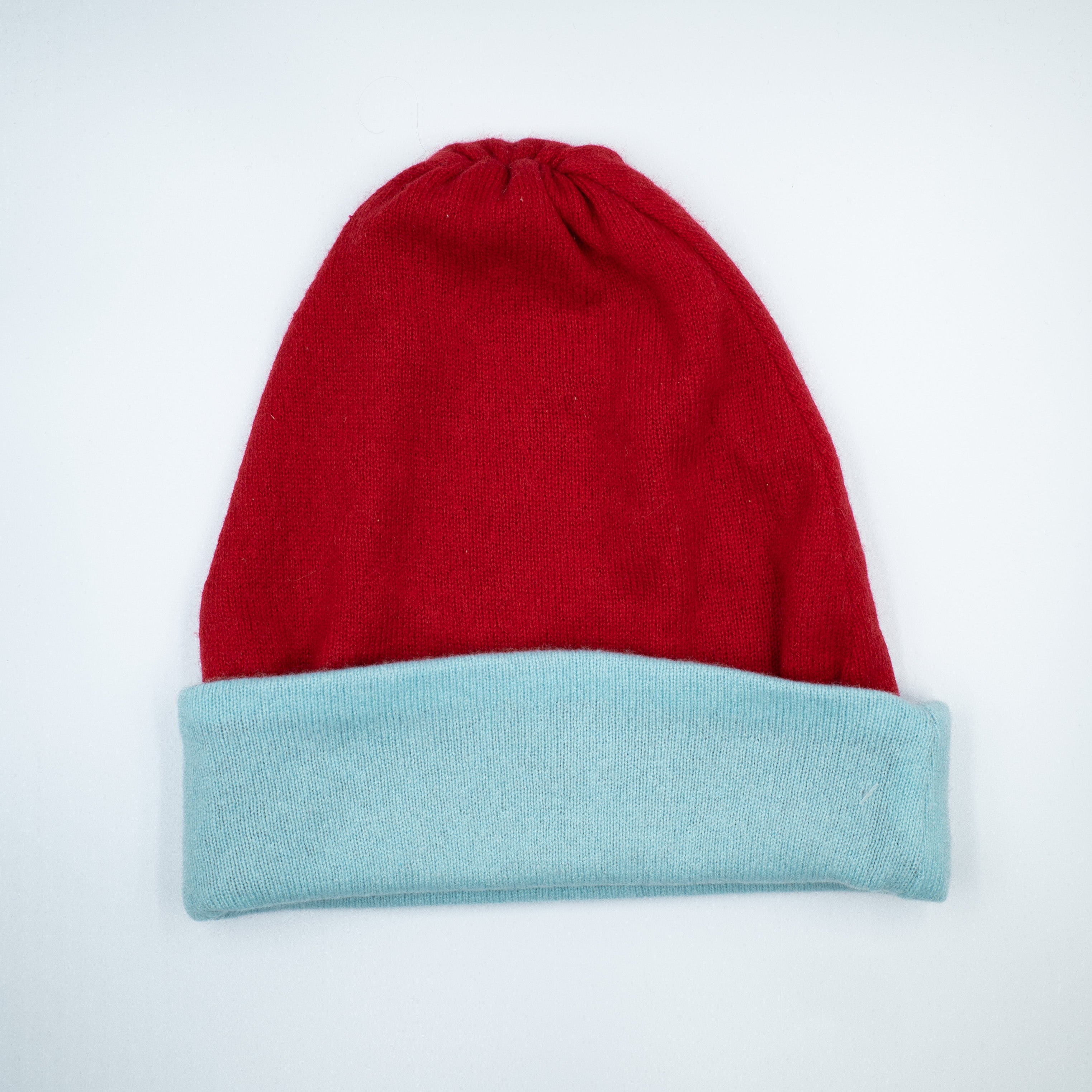 Red and Pale Blue Reversible Slouchy Beanie Hat