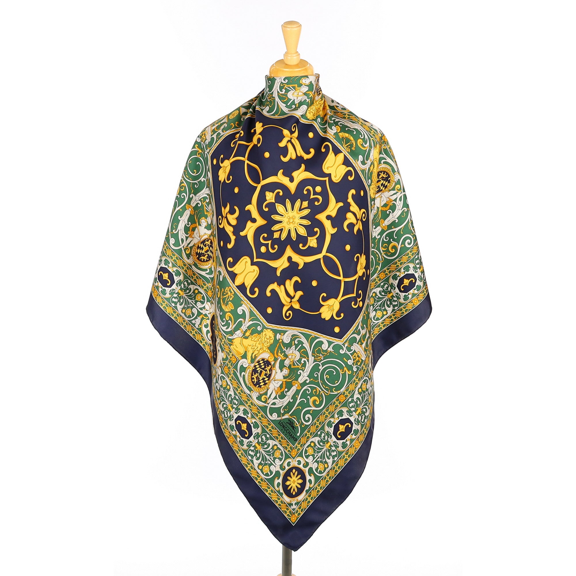 Longchamp Navy and Green Patterned Silk Scarf