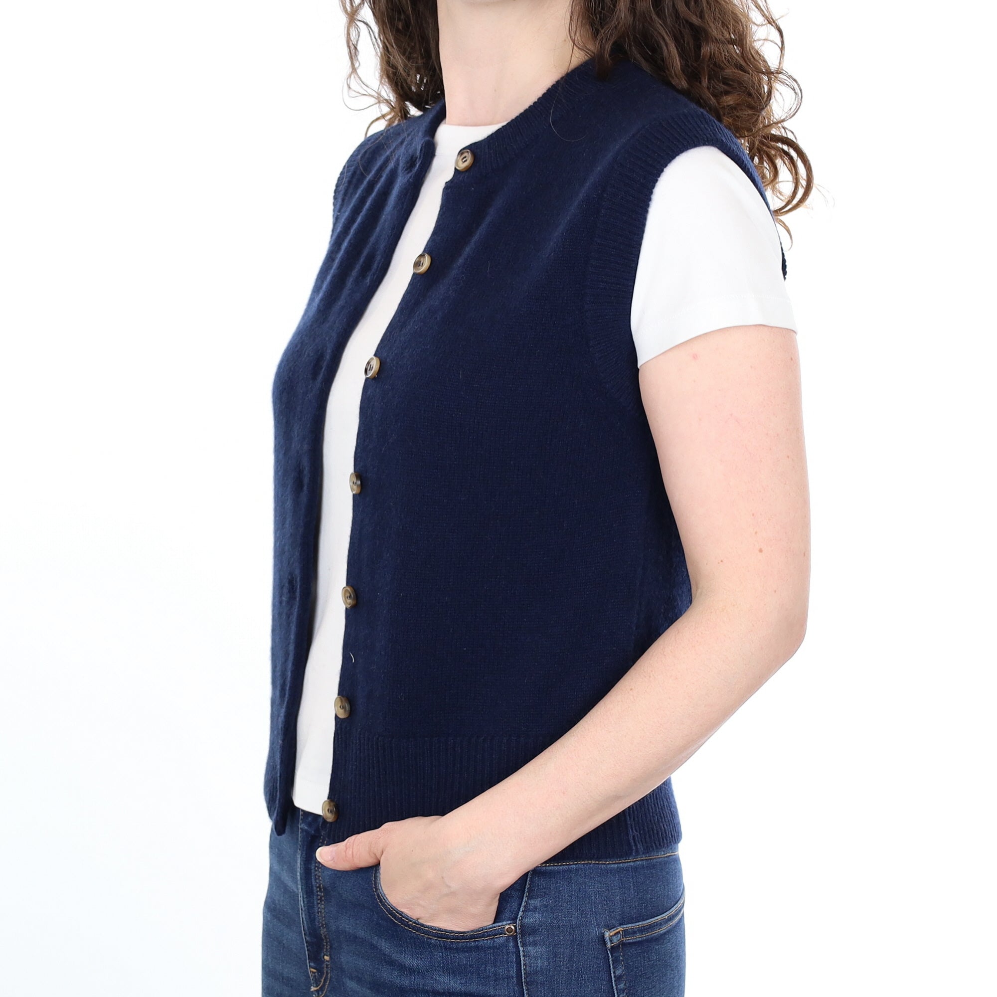 Brand New Navy Luxury Cashmere Crew Neck Waistcoat Small UK 8-10