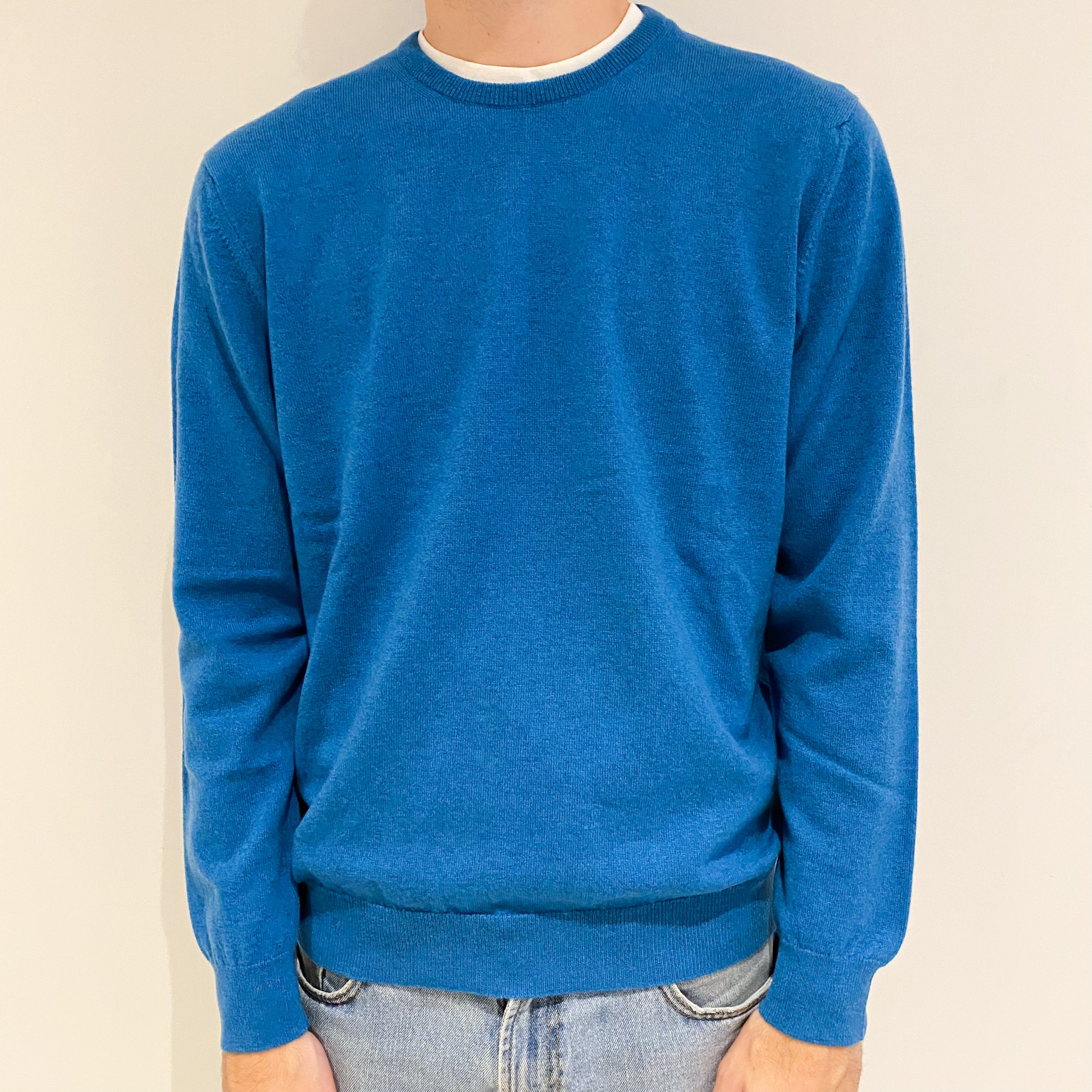 Men’s Brand New Scottish Teal Blue Cashmere Crew Neck Jumper Large