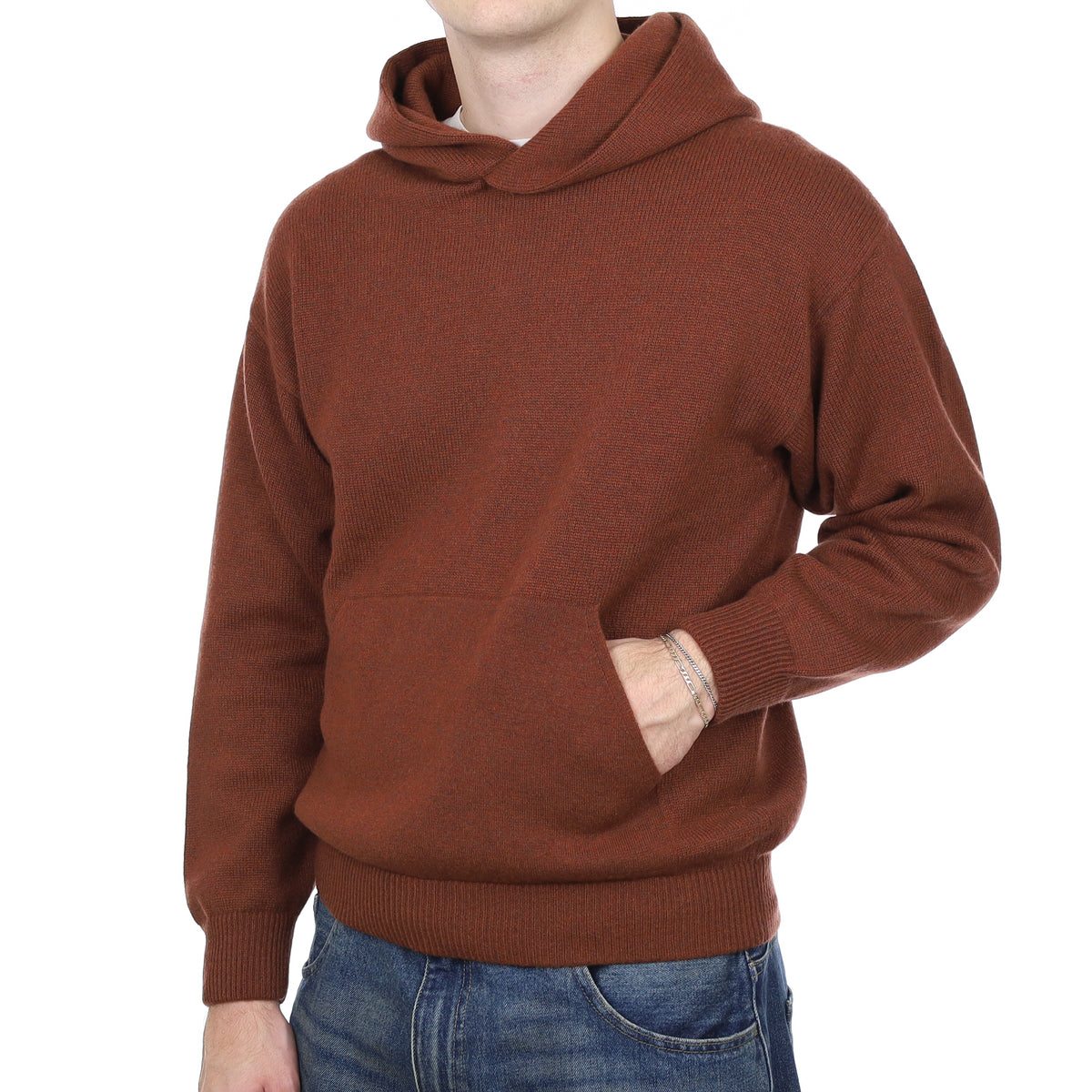 Men’s Brand New Scottish Rust Brown Extra Chunky Cashmere Hoodie Jumper with Pocket Medium