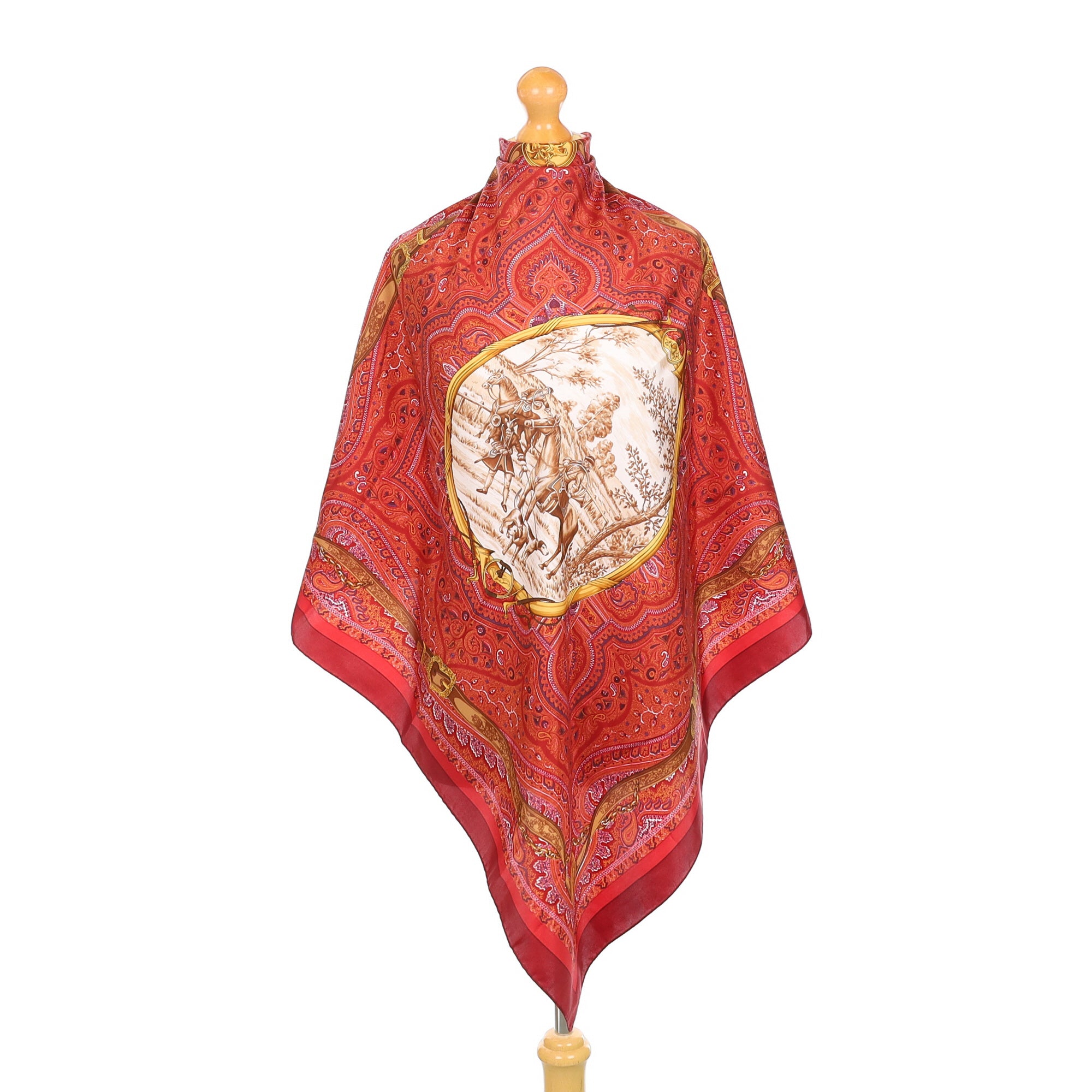 Mulberry Red Paisley Hunt Scene Silk Scarf