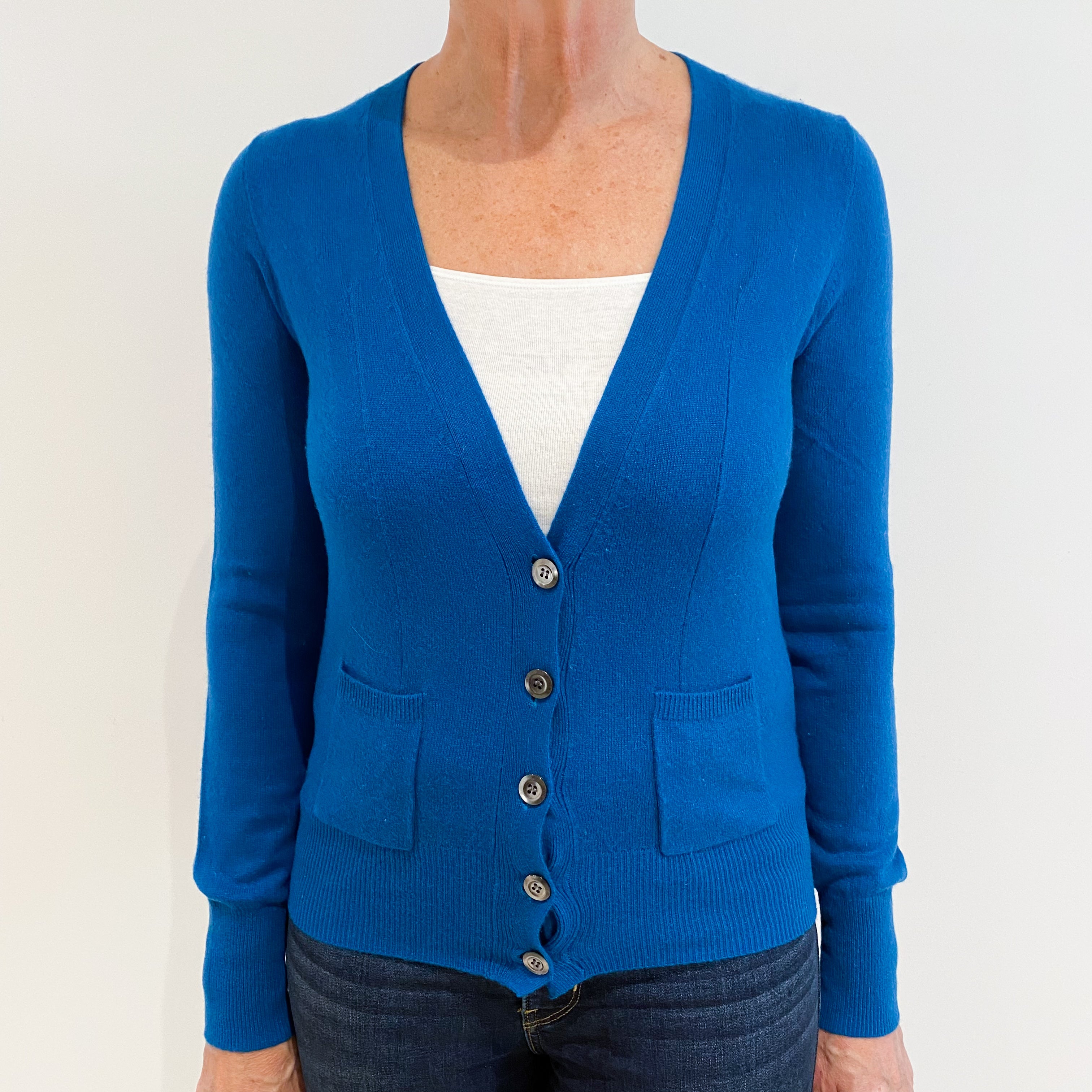 Teal Blue Cashmere V-Neck Cardigan with Pockets Medium