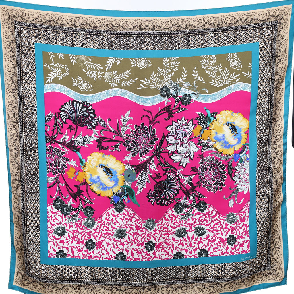 Etro Pink, Teal and Grey Abstract Silk Scarf