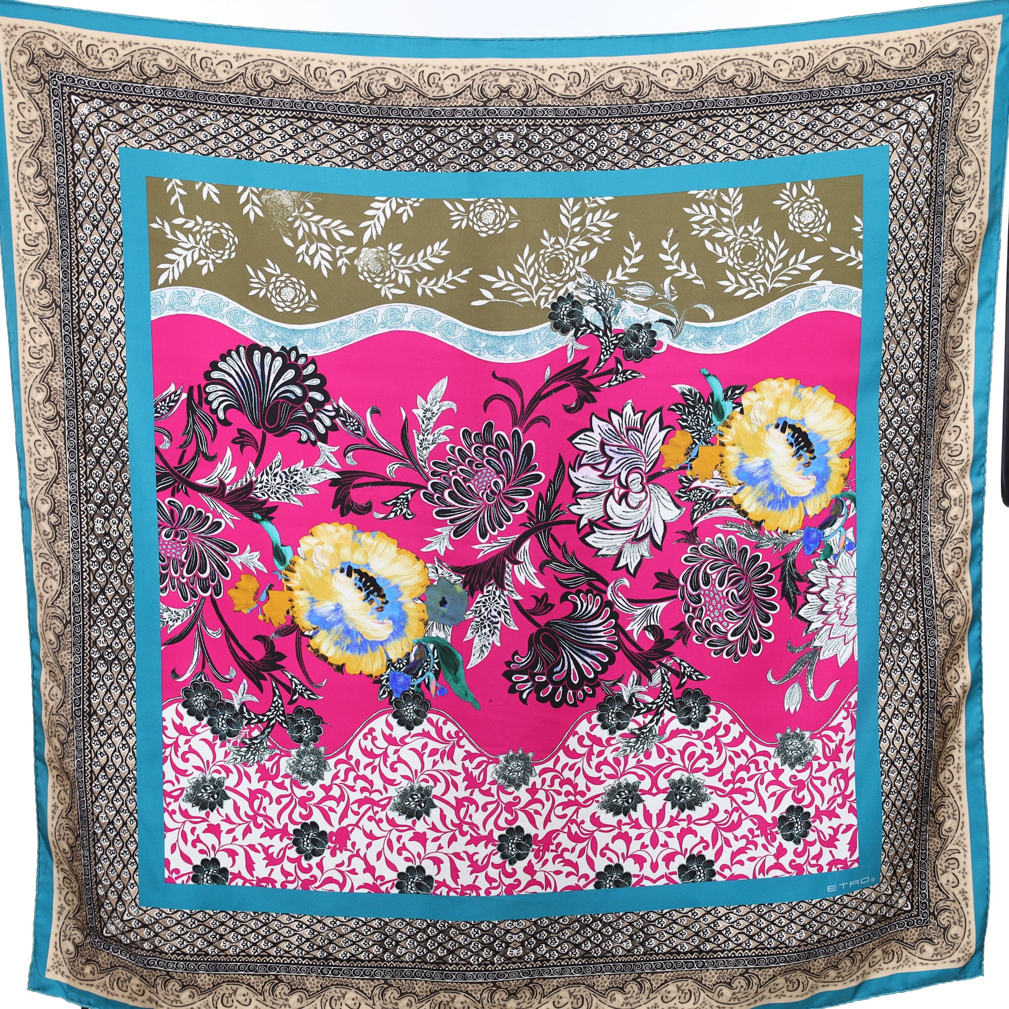 Etro Pink, Teal and Grey Abstract Silk Scarf