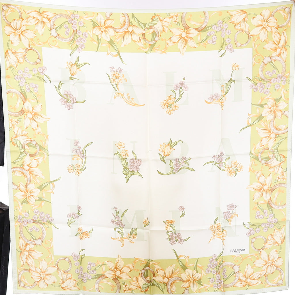Unworn Boxed Balmain Cream and Green Floral Silk Scarf