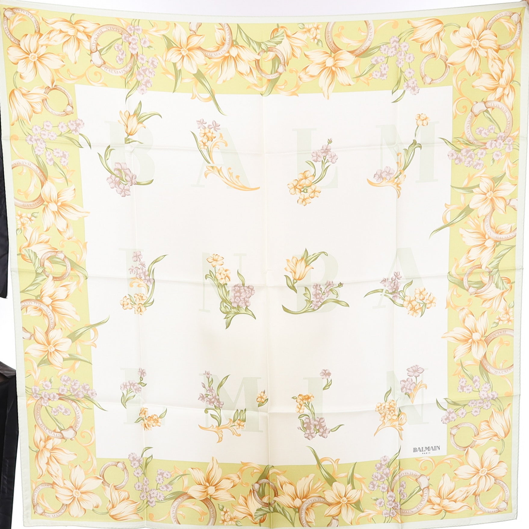 Unworn Boxed Balmain Cream and Green Floral Silk Scarf