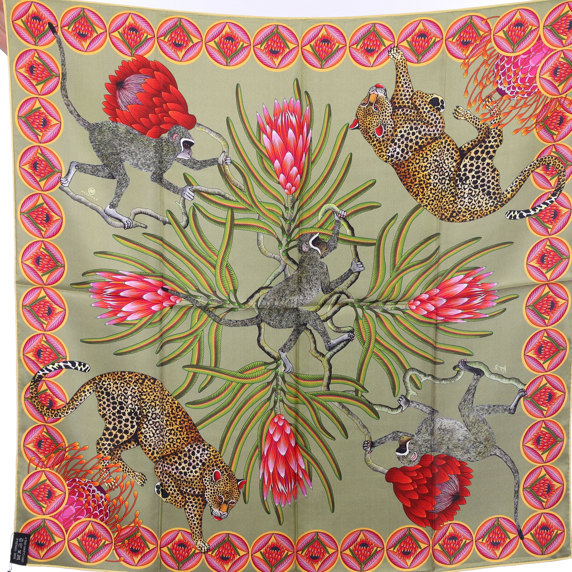 Brand New Bellezza Black & Sage Leopard Safari Double Faced Silk Scarf