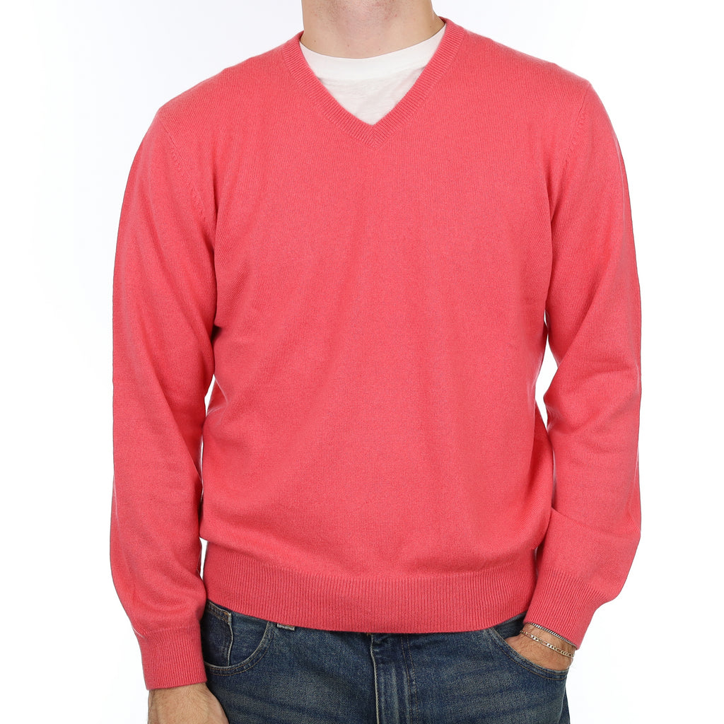 Men’s Watermelon Pink Cashmere V Neck Jumper Large