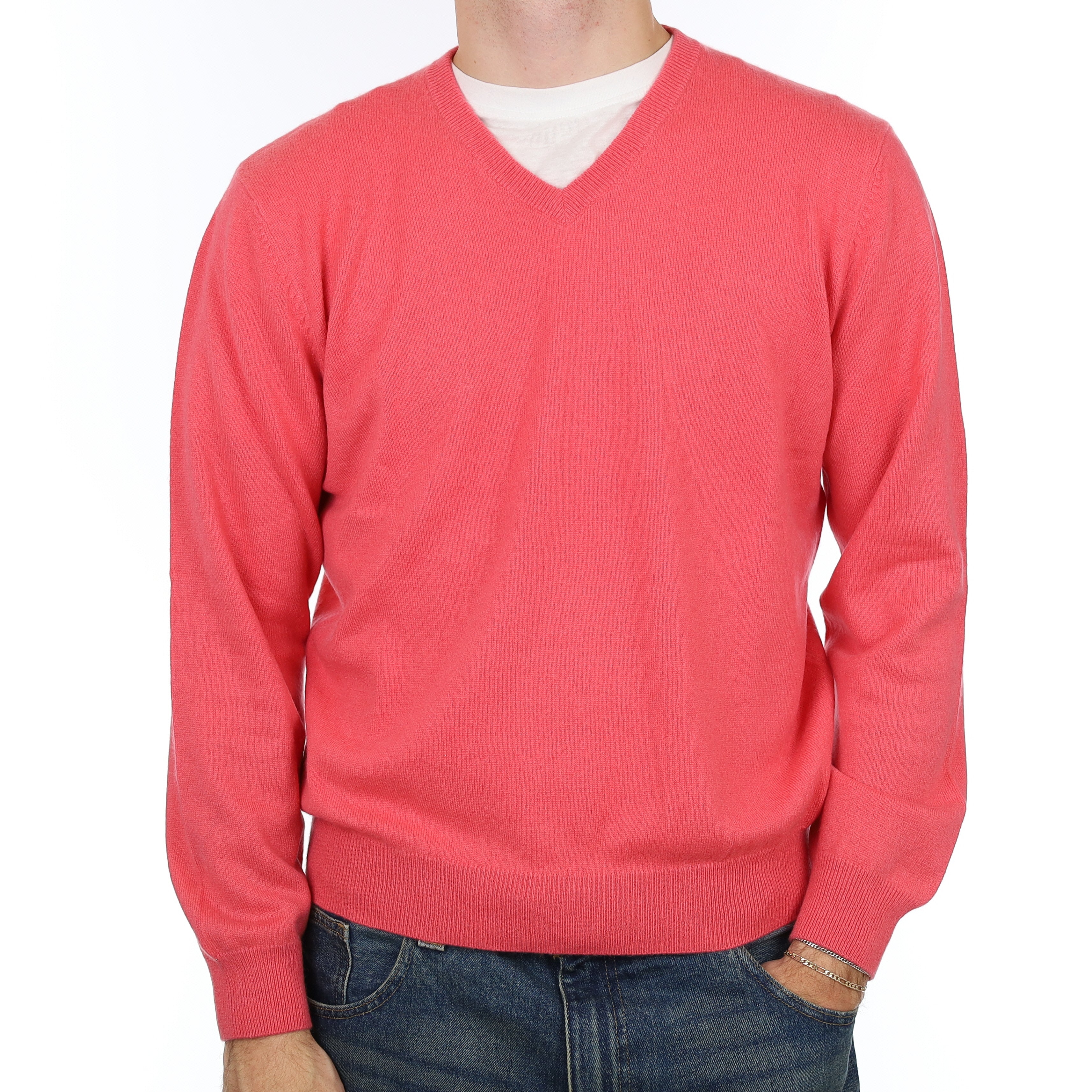 Men’s Watermelon Pink Cashmere V Neck Jumper Large