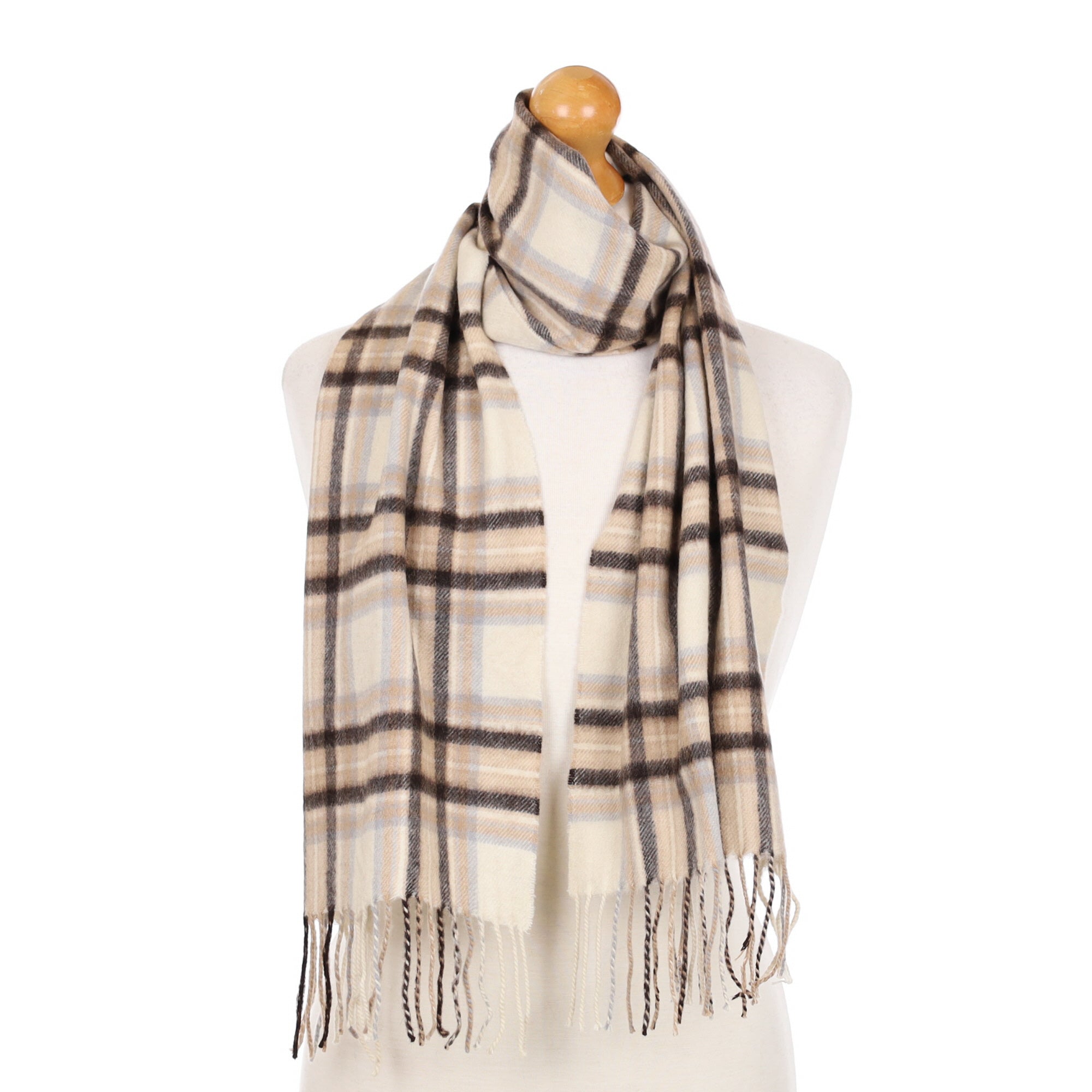 Cream Brown Check Cashmere Woven Scarf