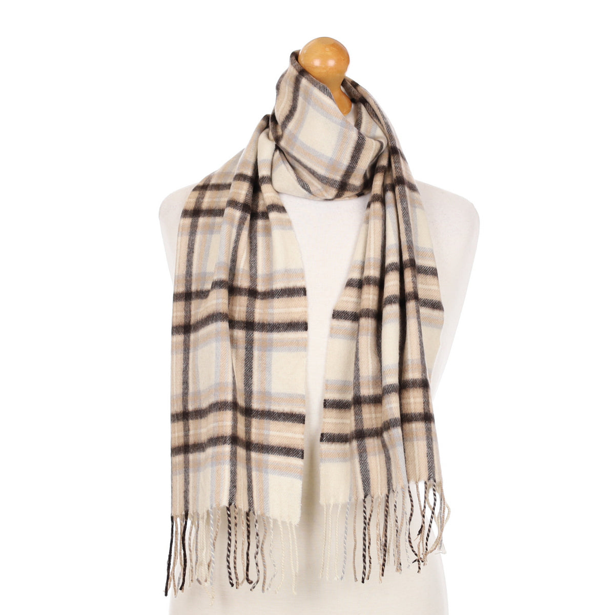 Cream Brown Check Cashmere Woven Scarf