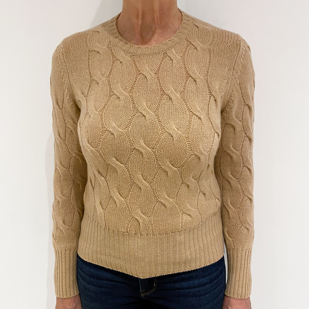 Brand New Scottish Cashmere Camel Brown Cable Crew Neck Jumper Medium