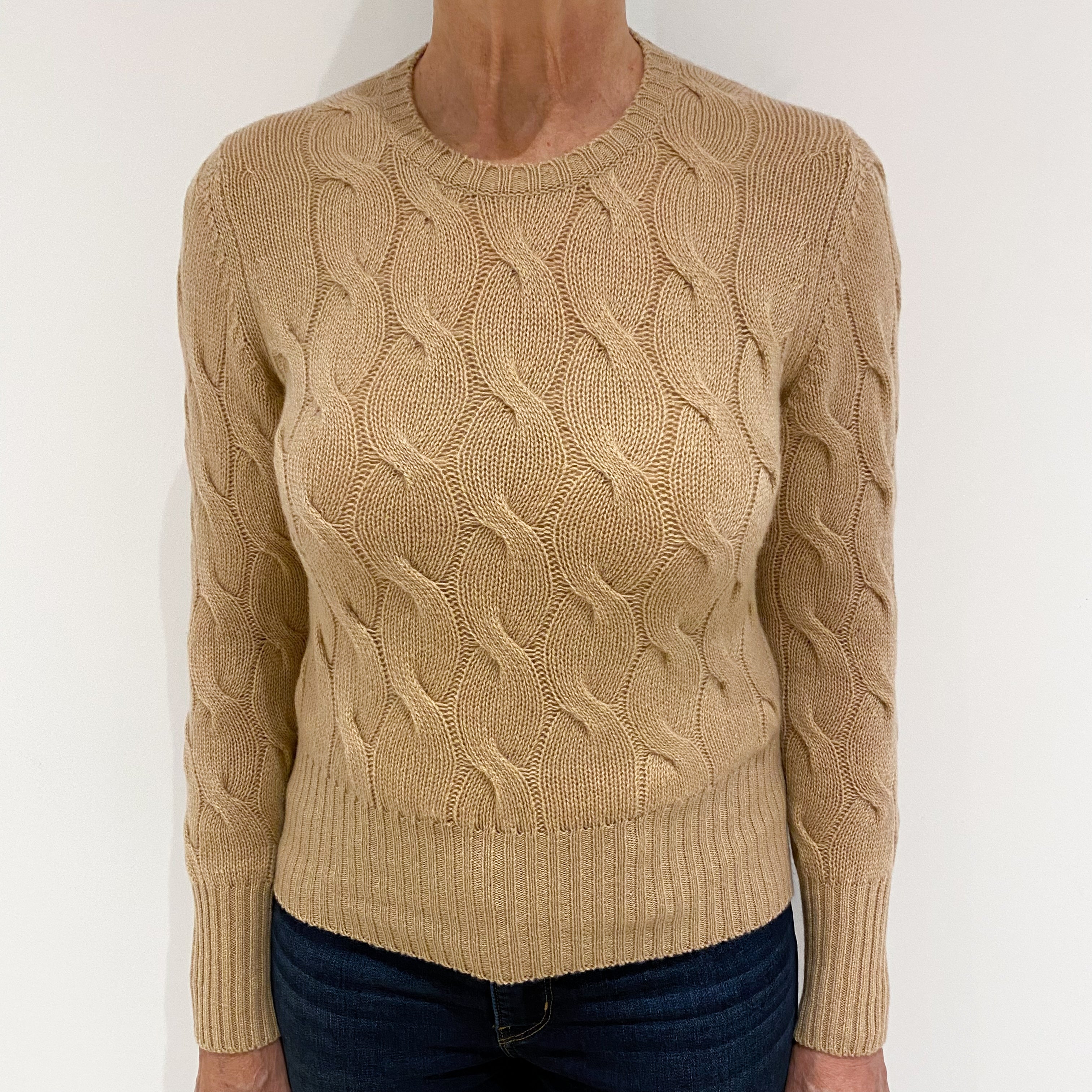 Brand New Scottish Cashmere Camel Brown Cable Crew Neck Jumper Medium