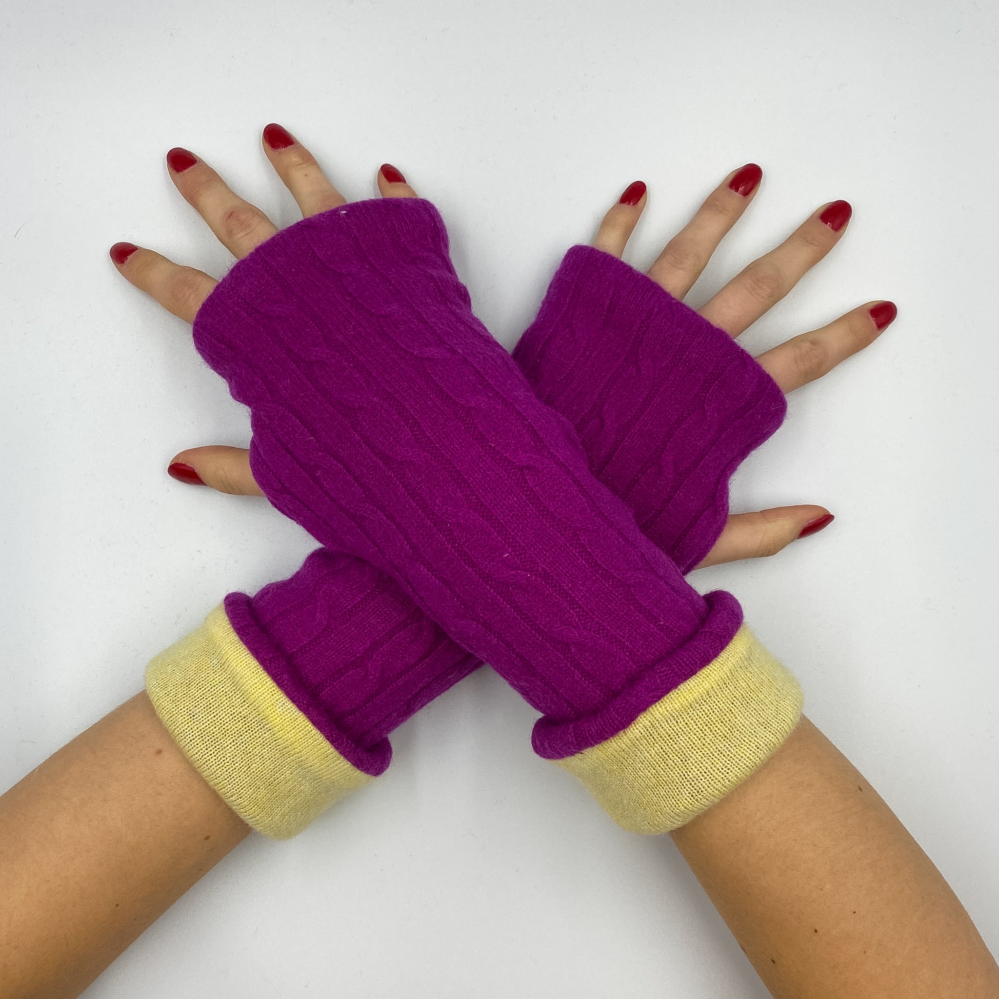 Magenta Cable and Lemon Luxury Reversible Cashmere Fingerless Gloves