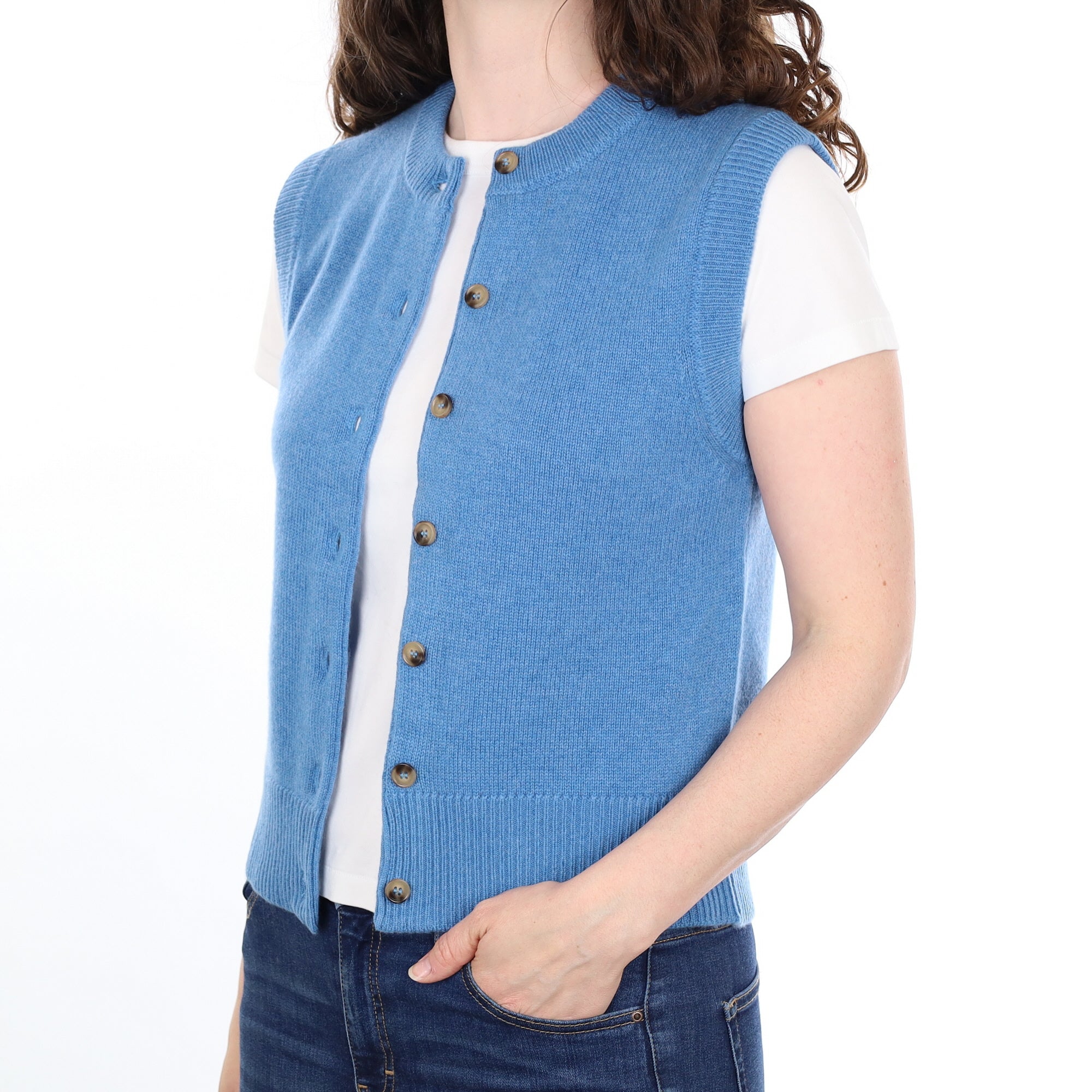 Brand New Mediterranean Blue Luxury Cashmere Crew Neck Waistcoat Small UK 8-10