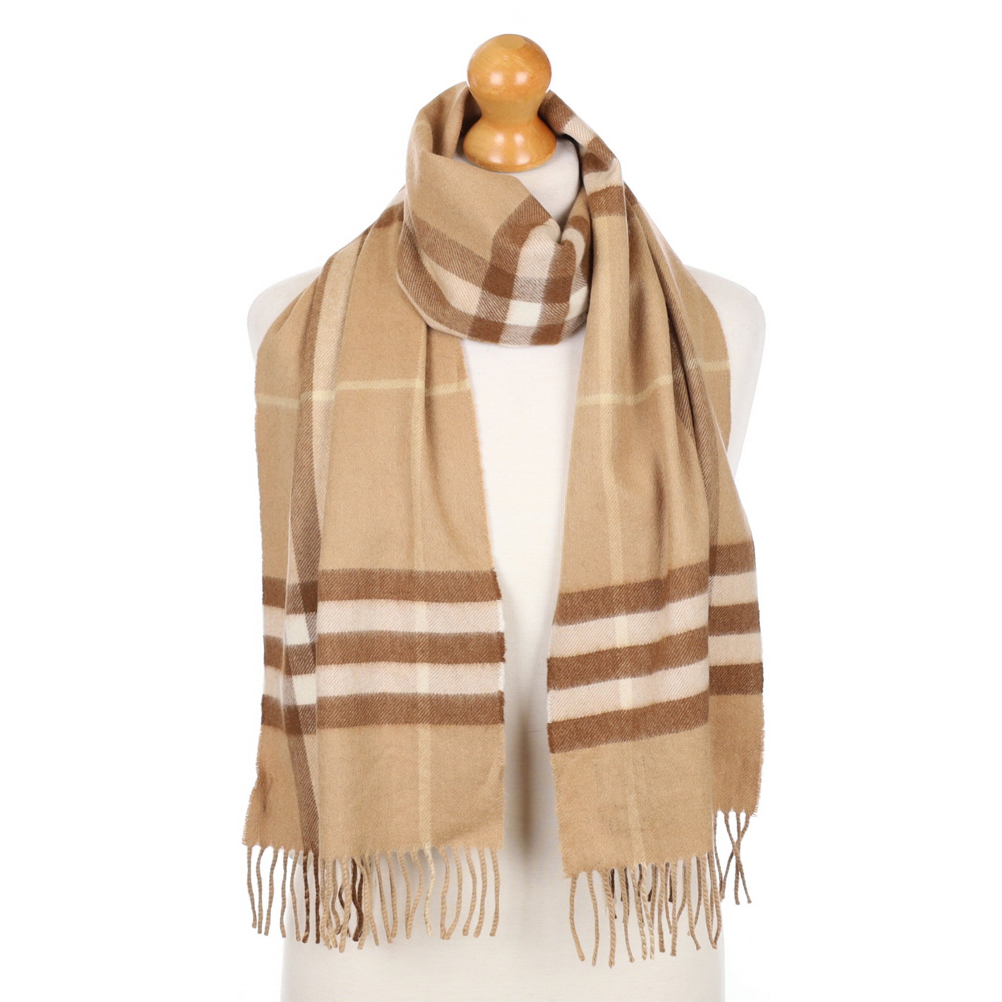 Burberry Brown Checked Fringed Cashmere Woven Scarf