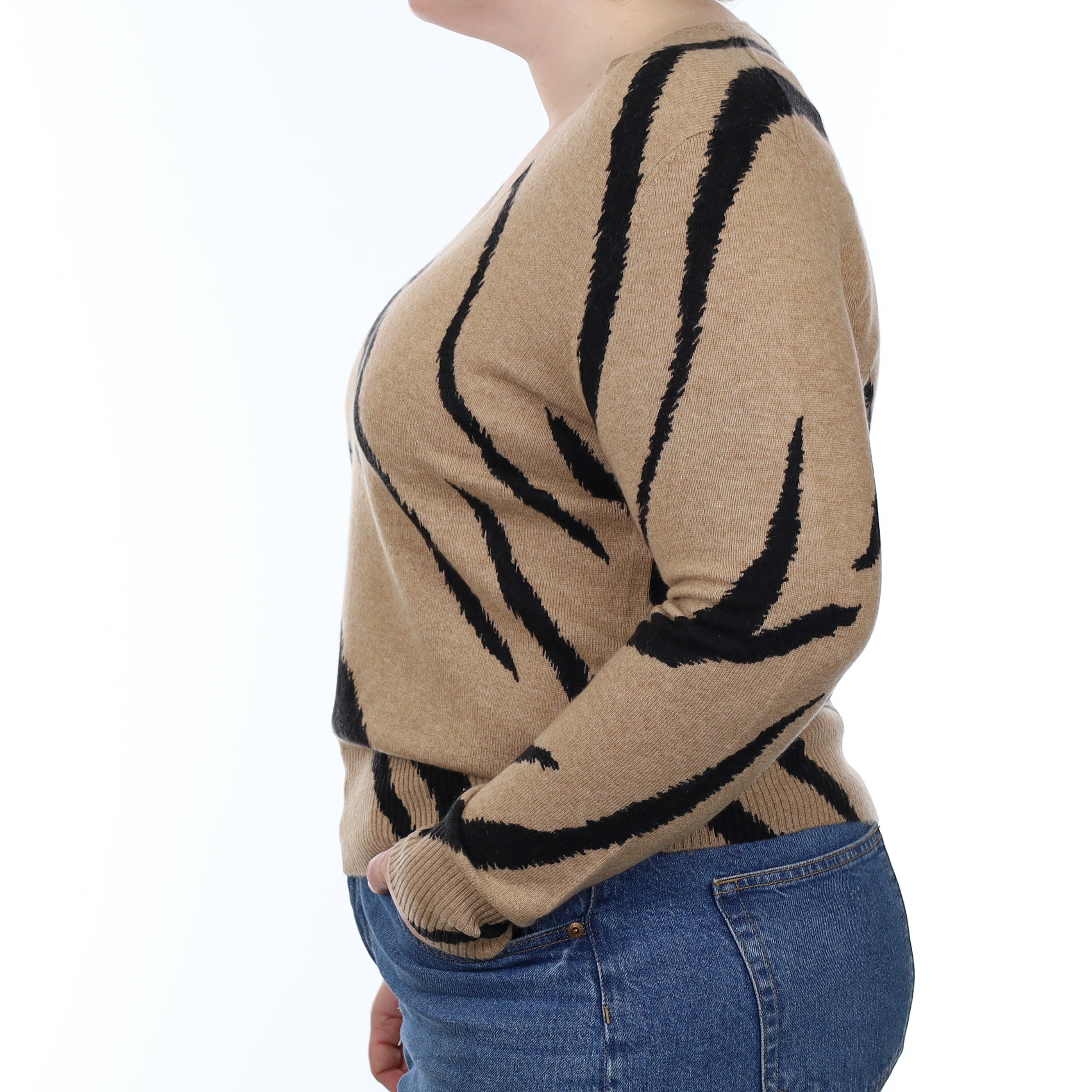 Camel and Black Tiger Stripe Cashmere V Neck Jumper Large