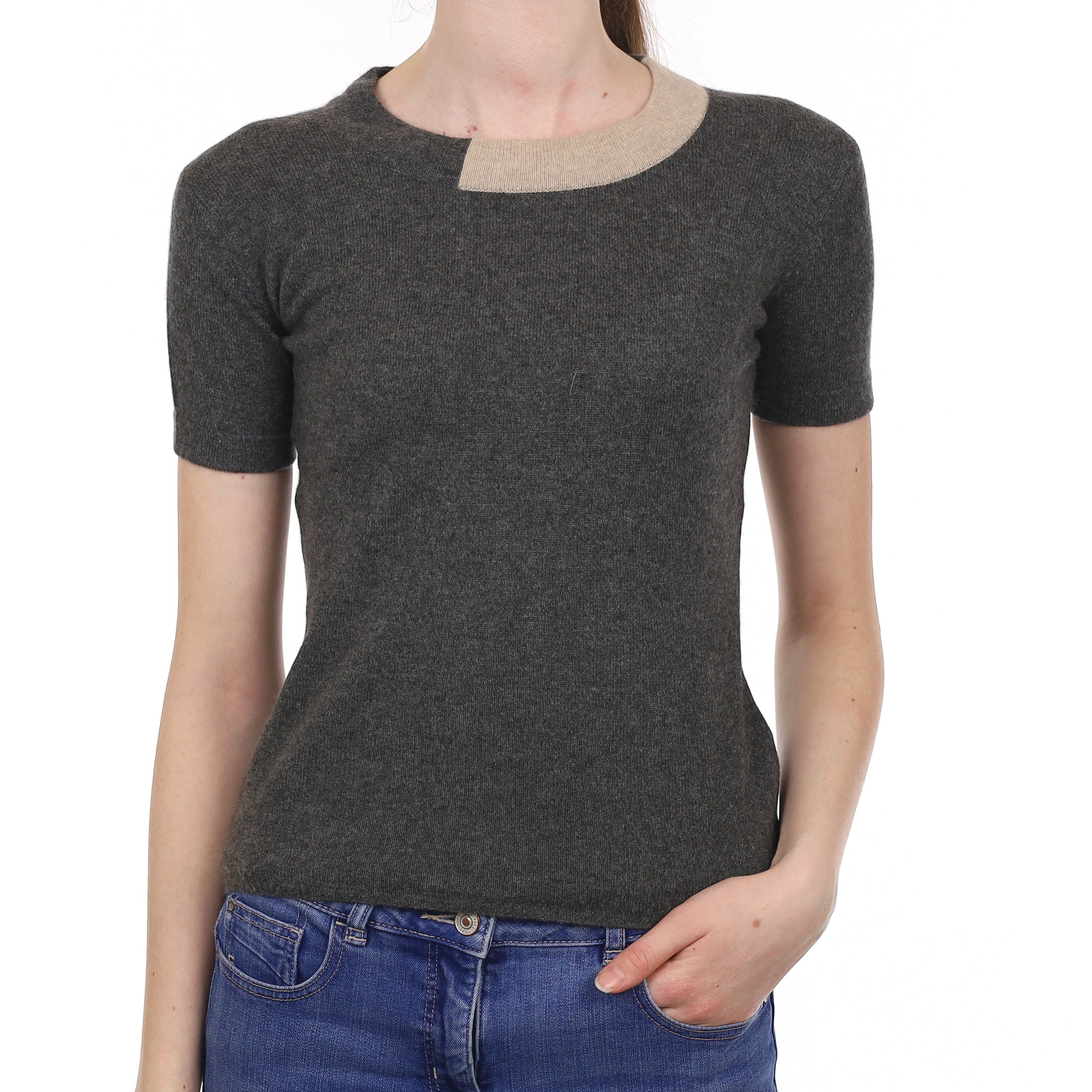 Slate Grey with Fawn Trim Cashmere Short Sleeved Crew Neck Jumper Extra Small