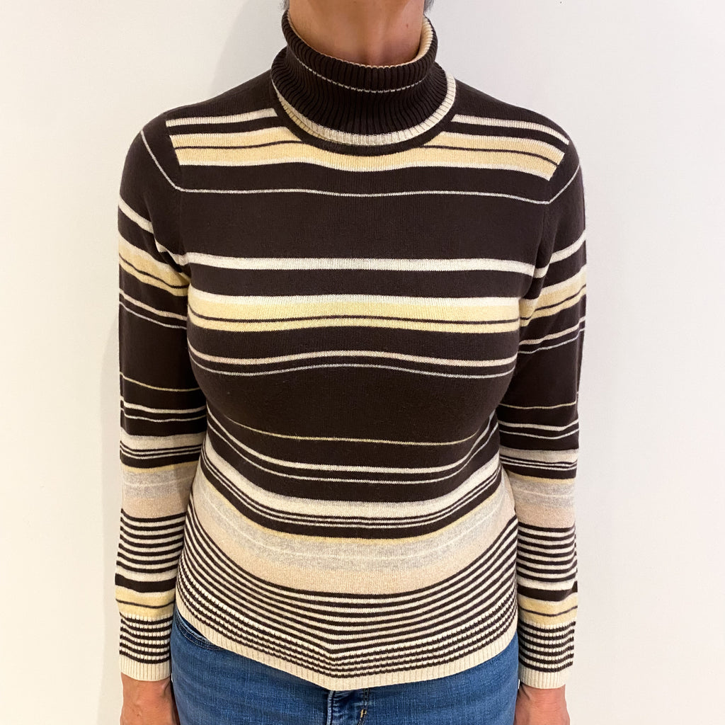 Oatmeal Brown Striped Cashmere Polo Neck Jumper Medium