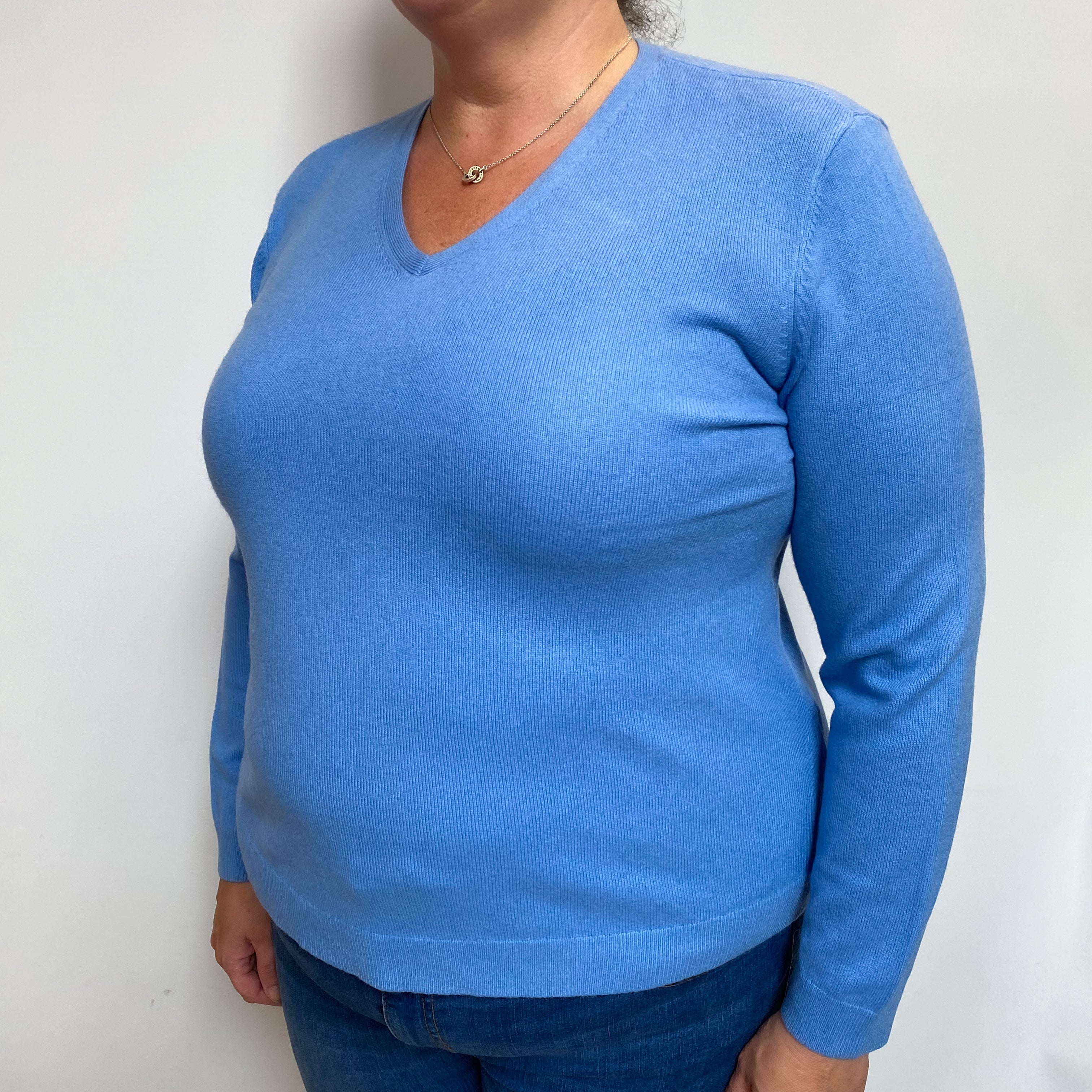 Cornflower Blue Cashmere V Neck Jumper Extra Large