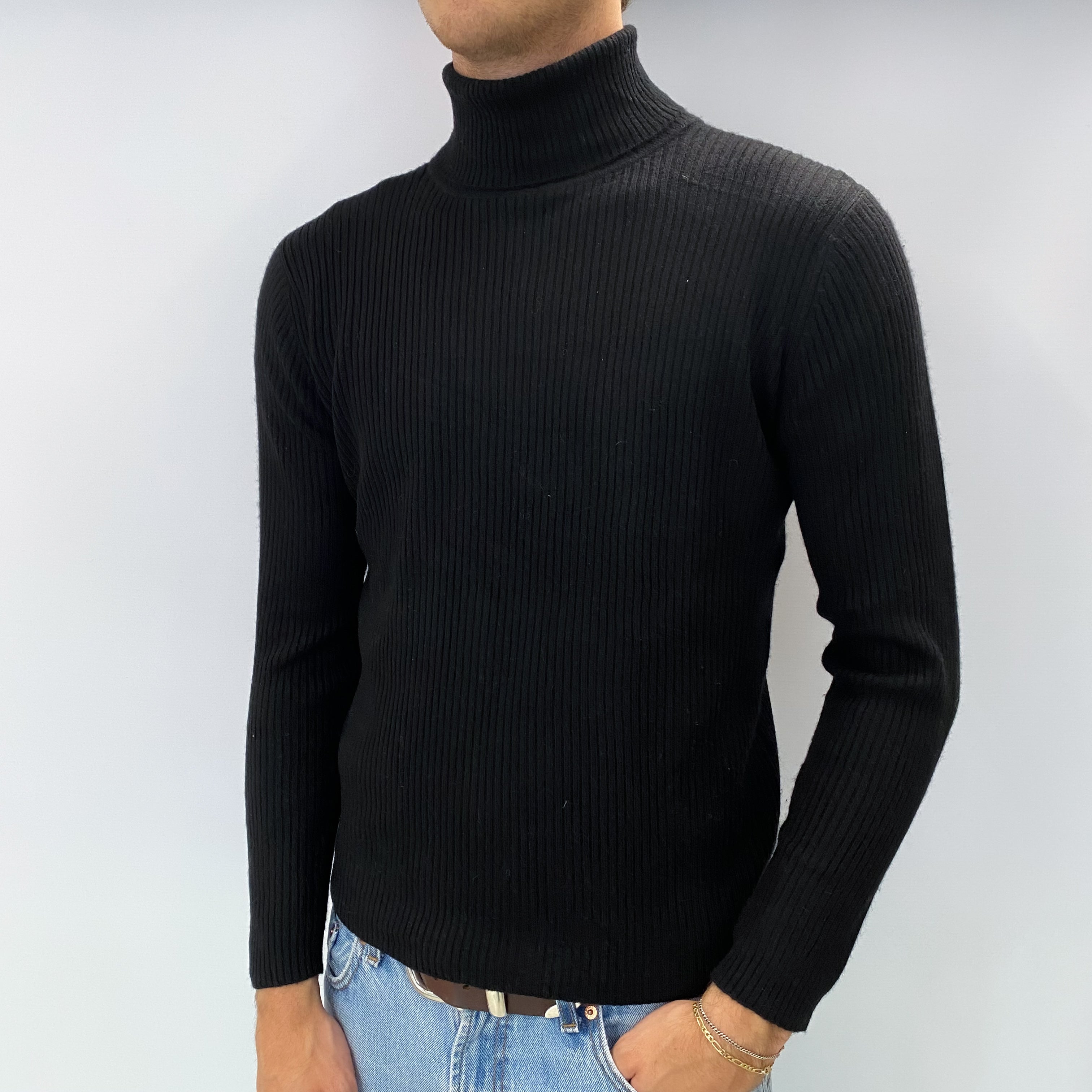 Men's Black Cashmere Polo Neck Ribbed Knit Jumper Medium
