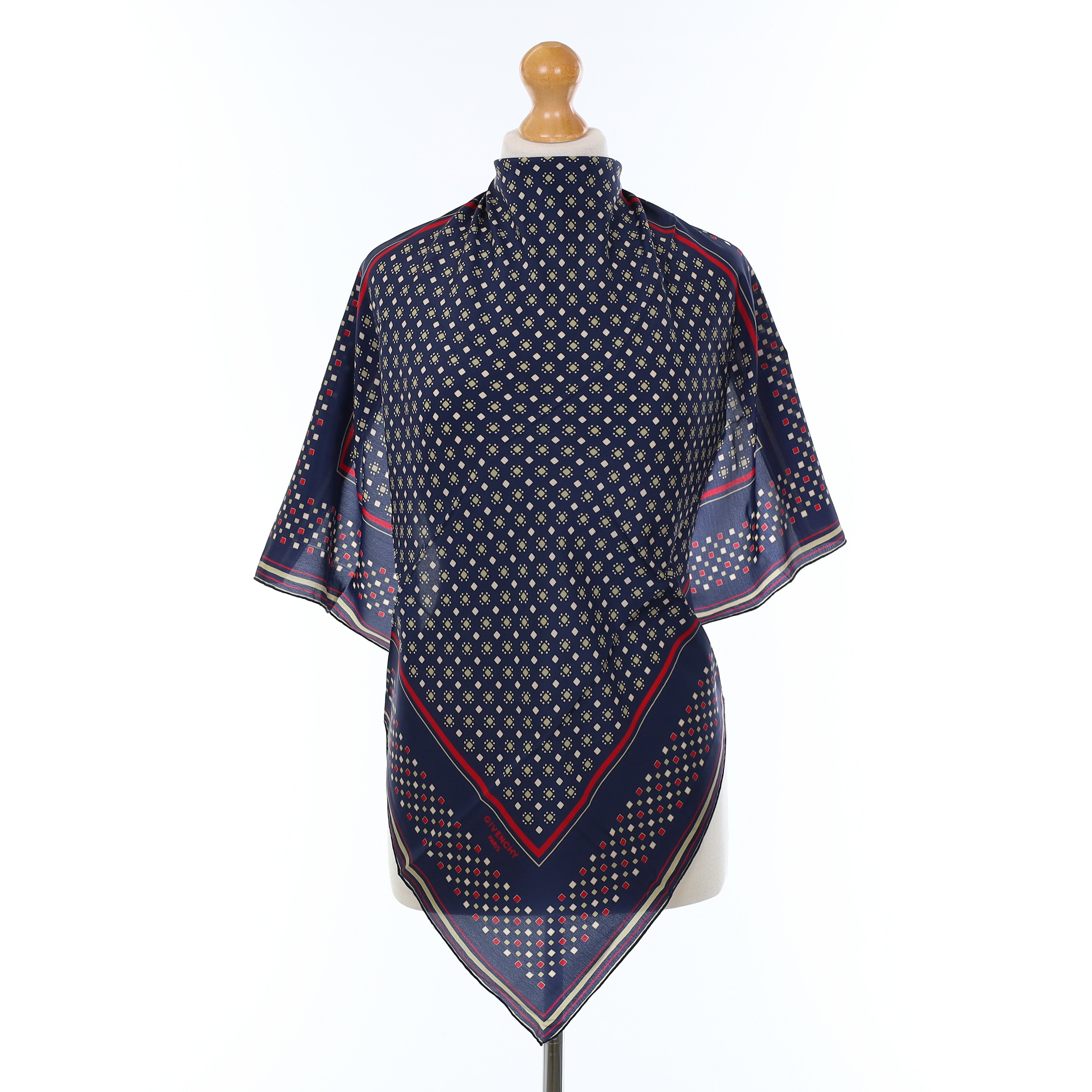 Givenchy Navy Square Patterned Vintage Silk Scarf