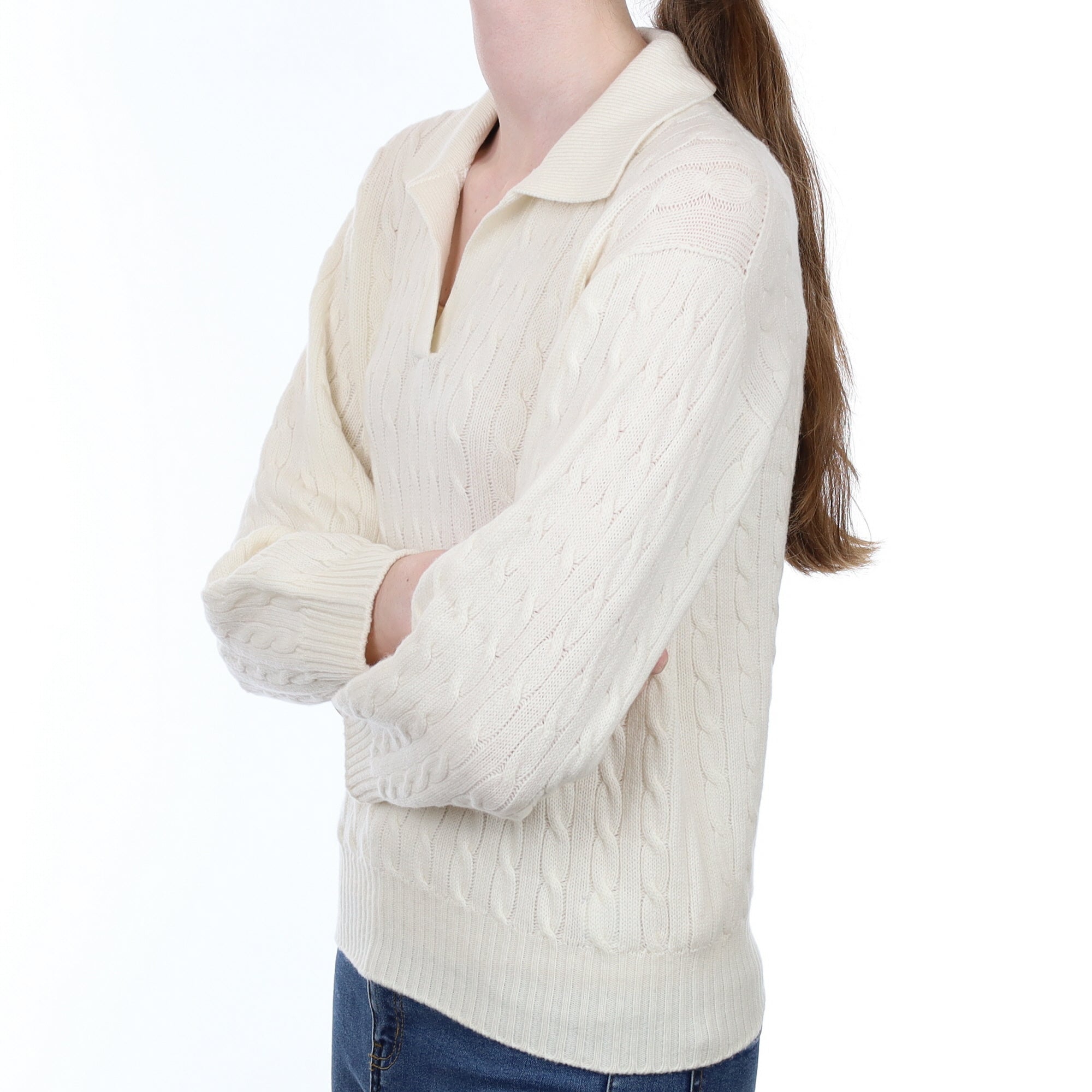 Brand New Scottish Winter White Cable Cashmere Collared V Neck Jumper Extra Small