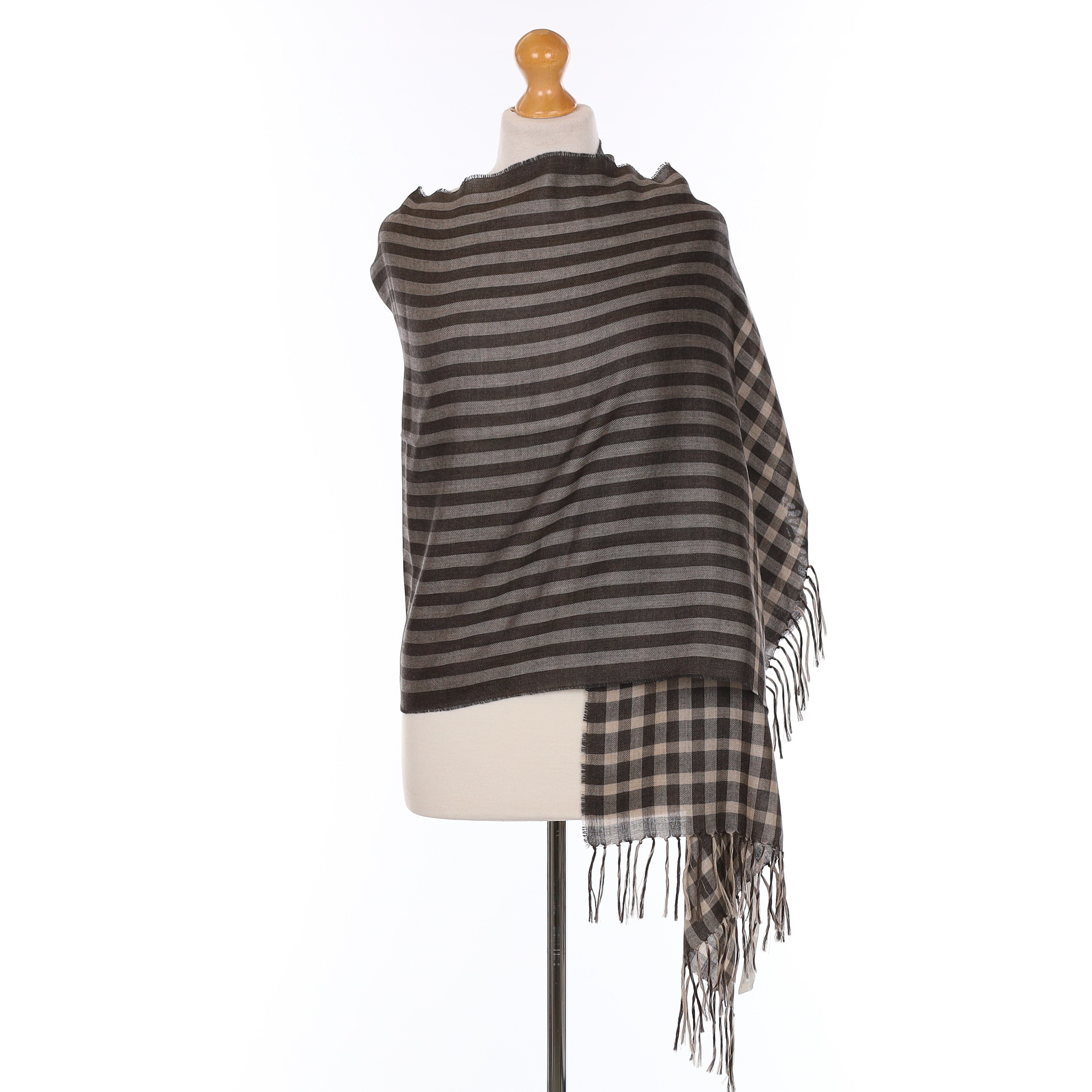 Brand New Begg & Co Grey Gingham and Stripe Cashmere Blend Woven Wrap