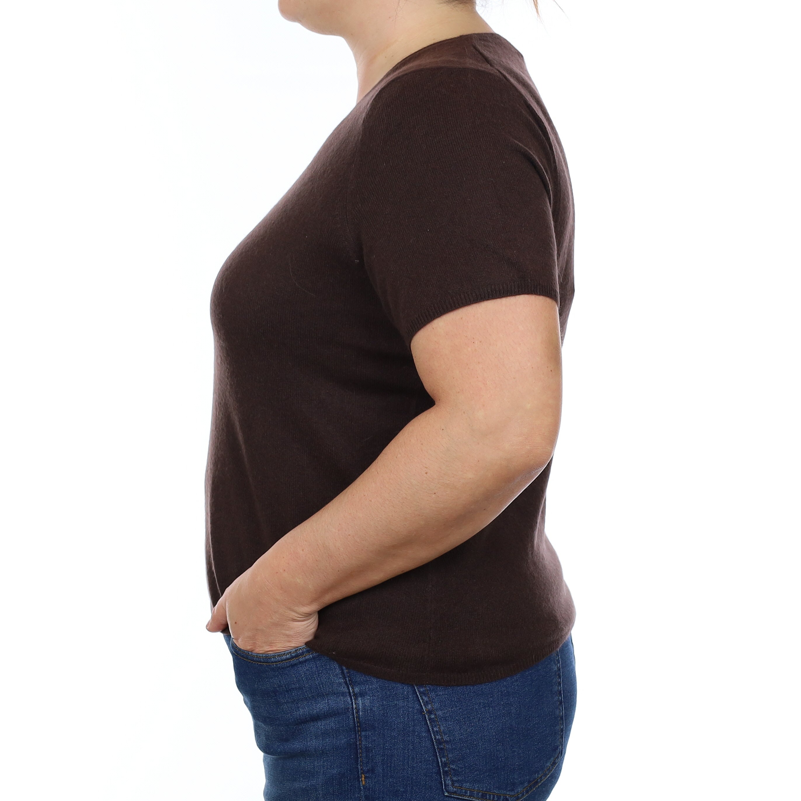 Chocolate Brown Cashmere Short Sleeved Crew Neck Jumper Large