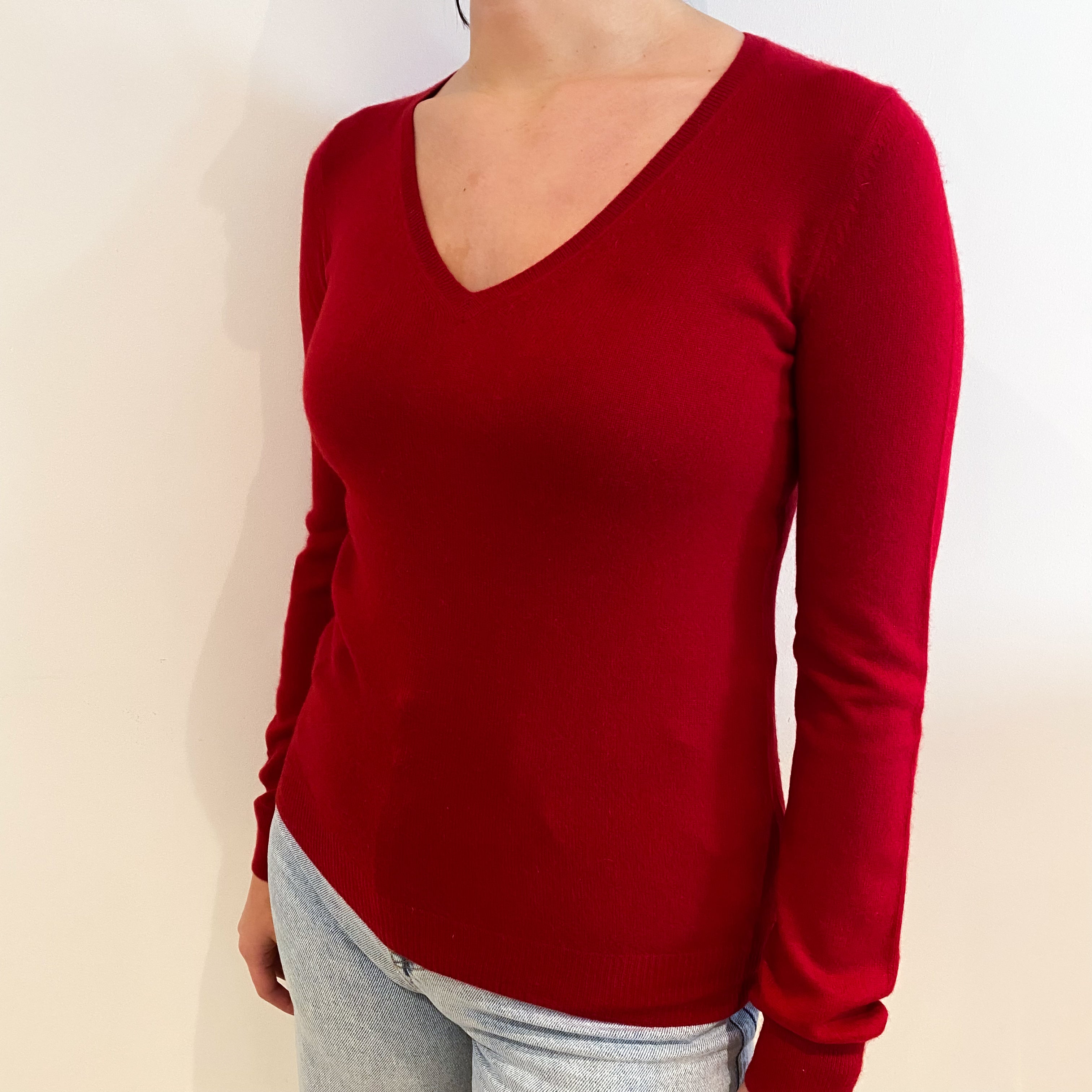 Crimson Red Cashmere V-Neck Jumper Small