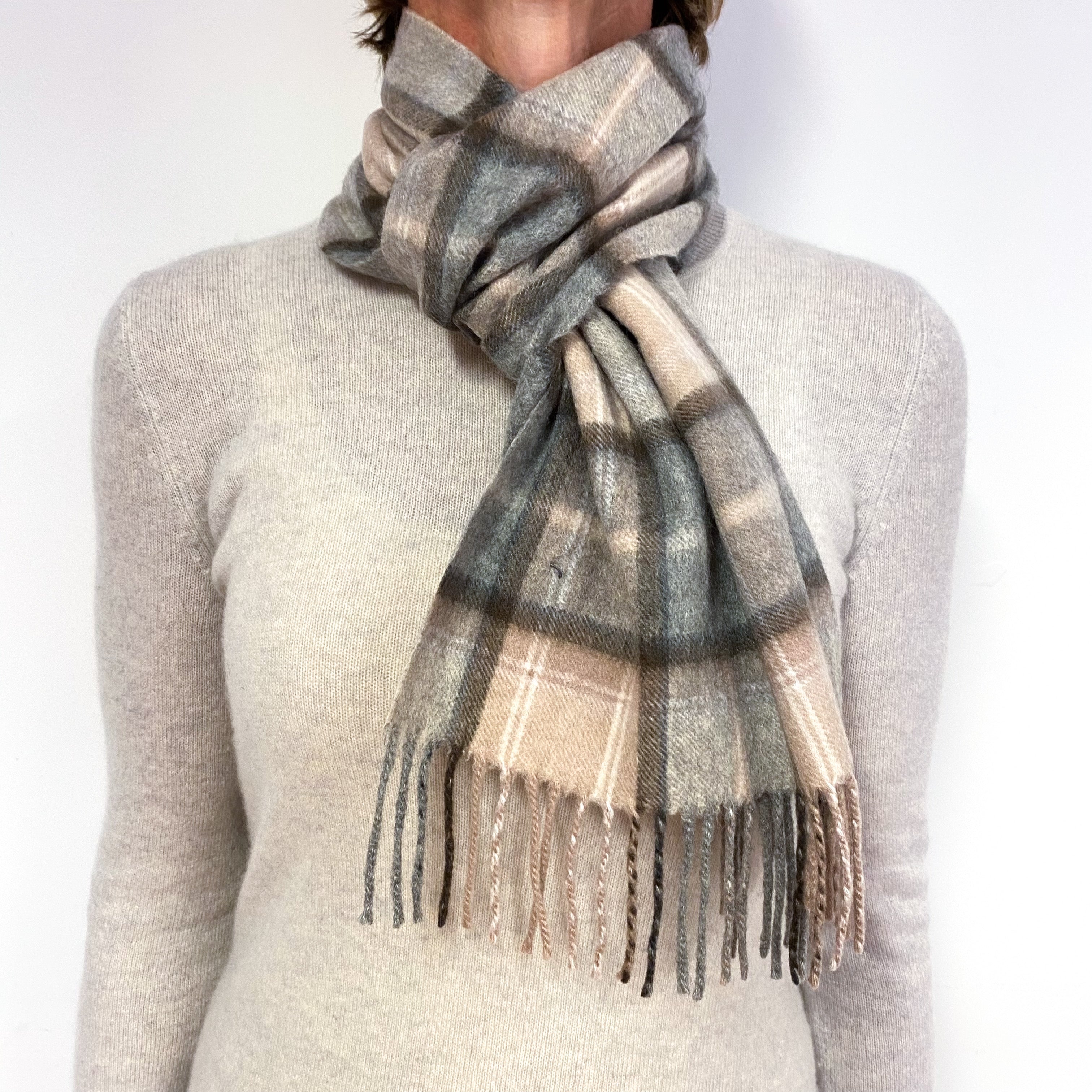 Mocha Brown Checked Fringed Cashmere Woven Scarf