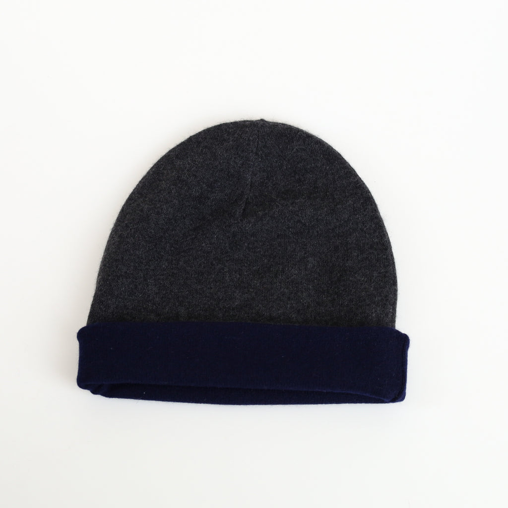Navy and Charcoal Grey Reversible Cashmere Beanie Hat