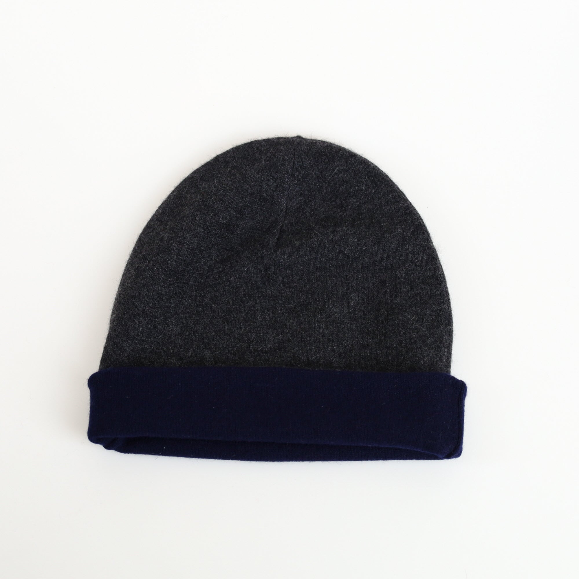 Navy and Charcoal Grey Reversible Cashmere Beanie Hat